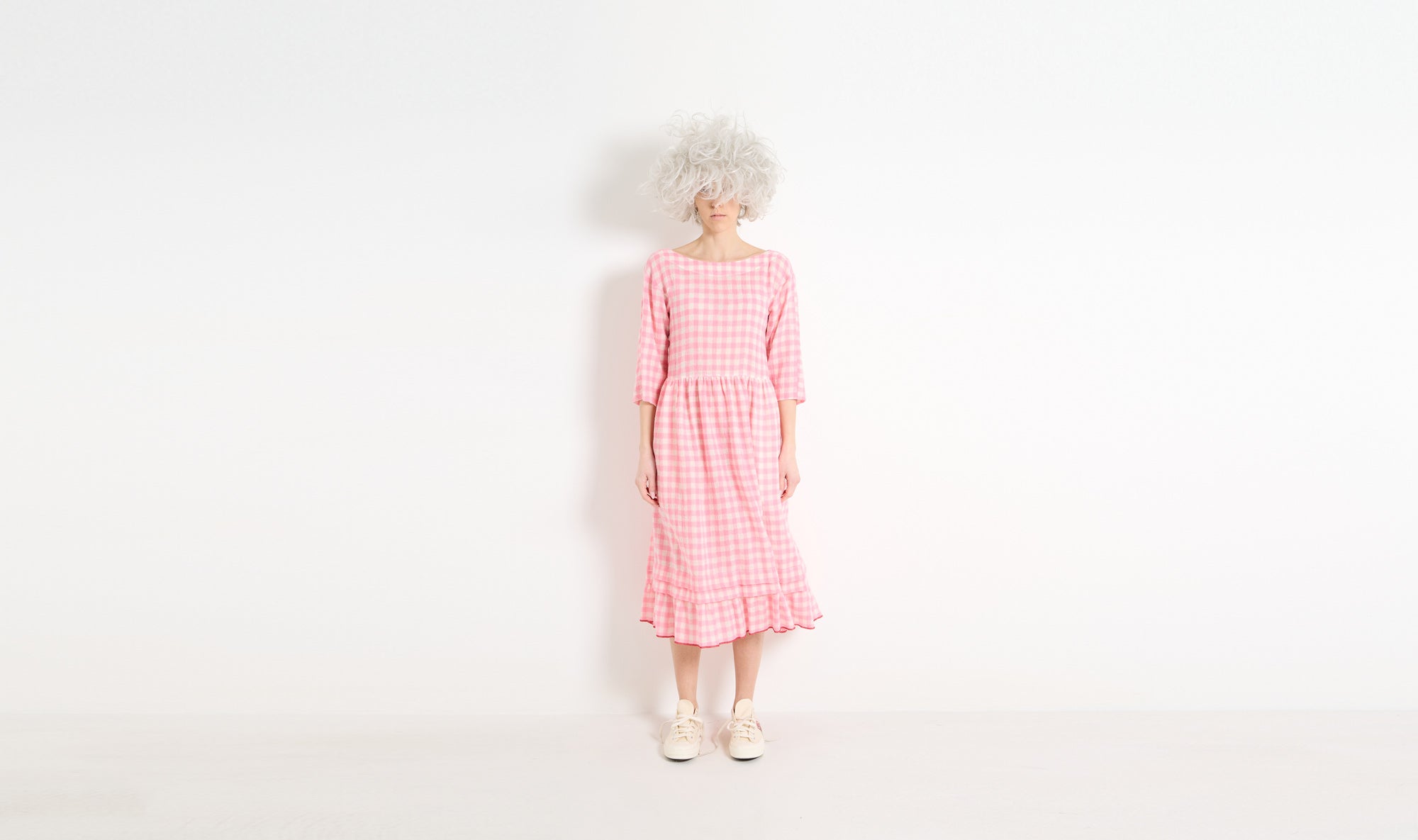 pink check wool dress