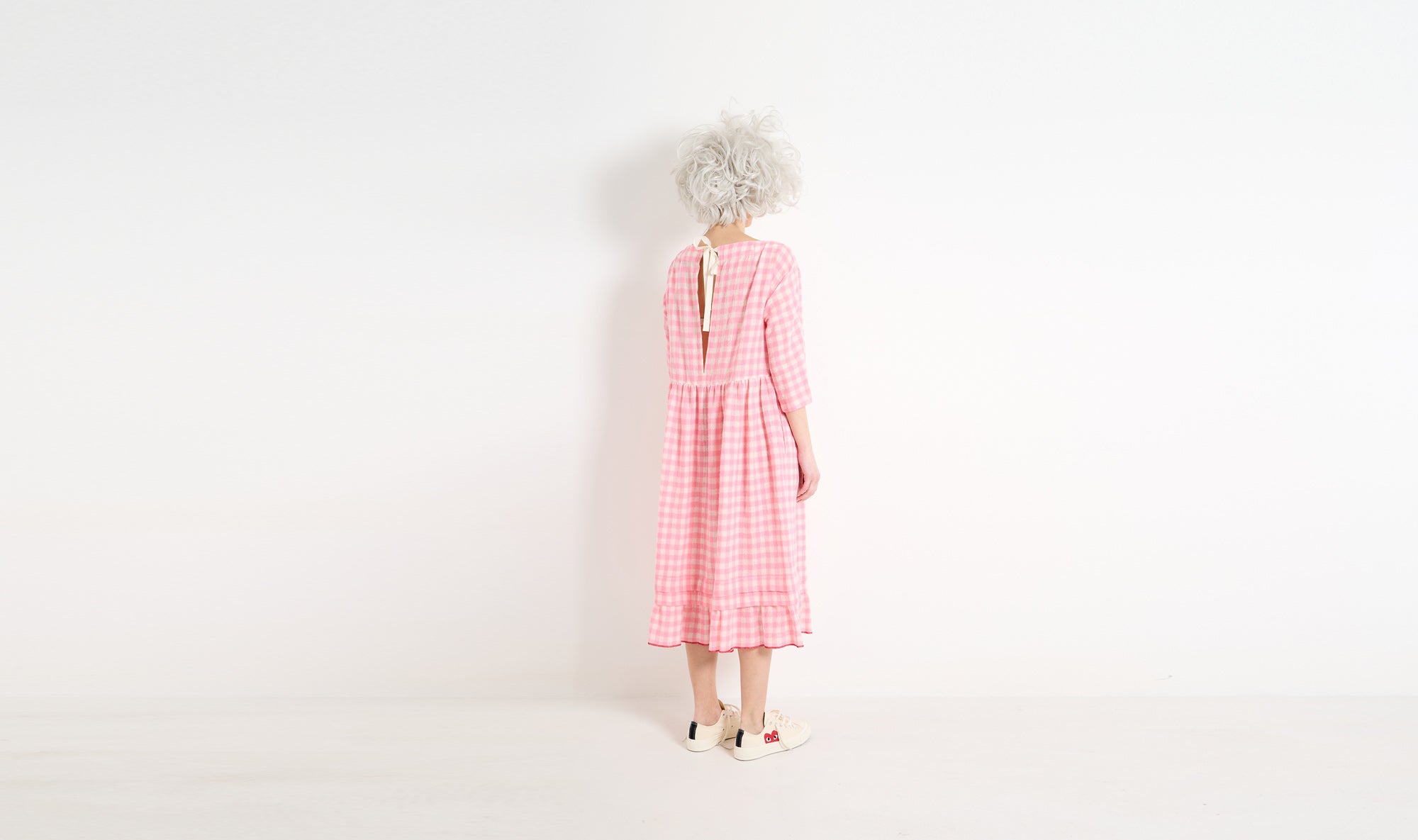 pink check wool dress