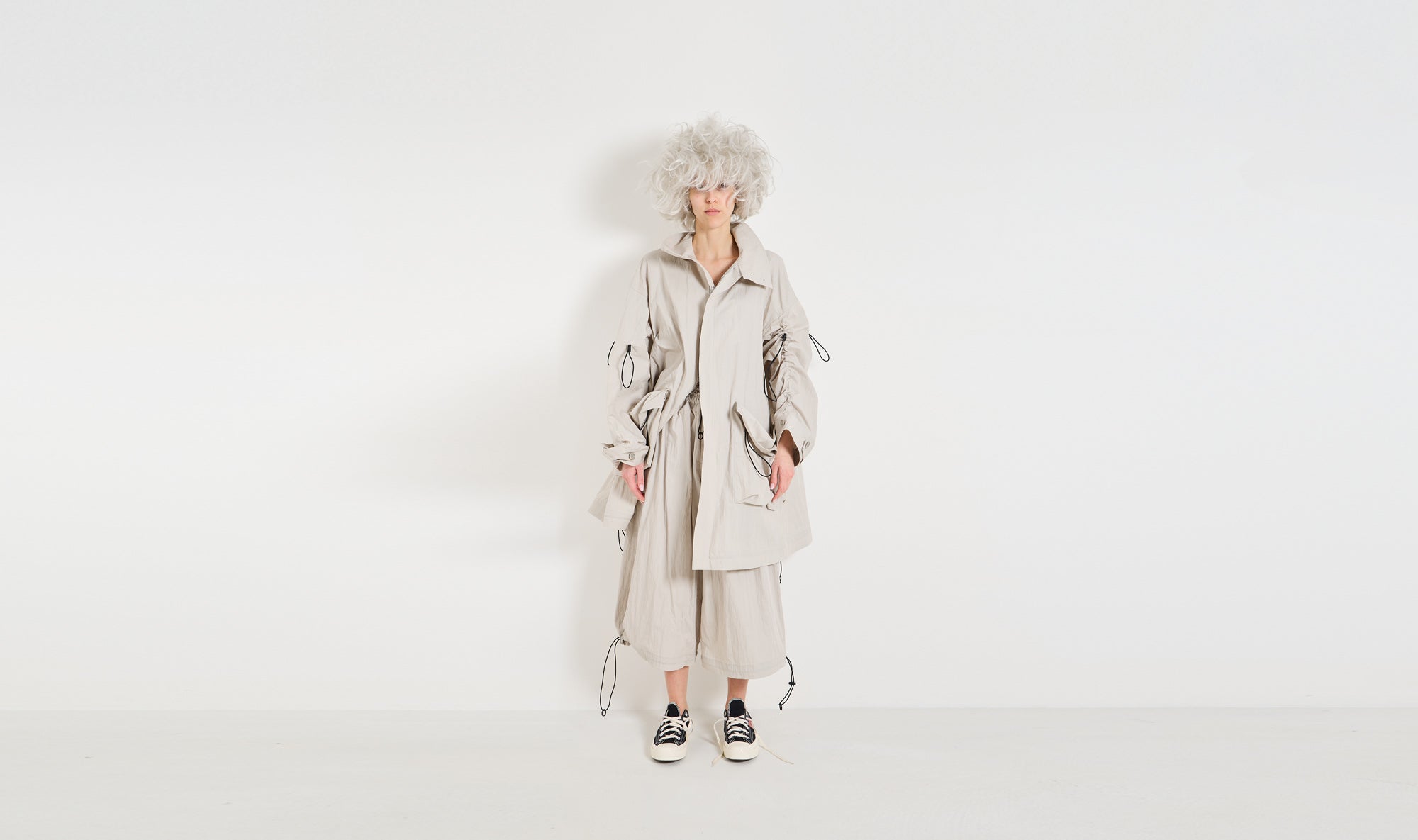 grey nylon overcoat trousers outfit