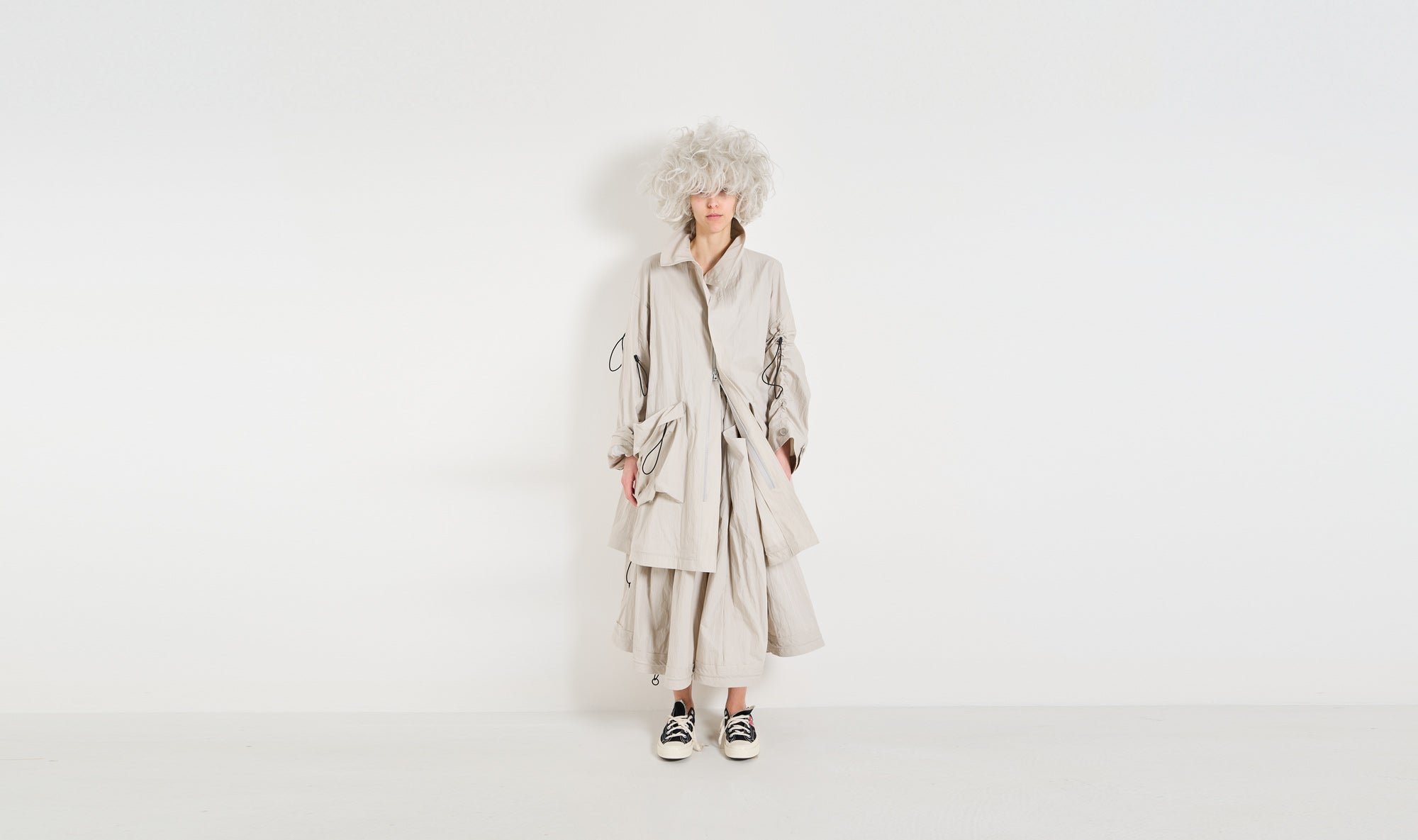 grey nylon overcoat skirt outfit