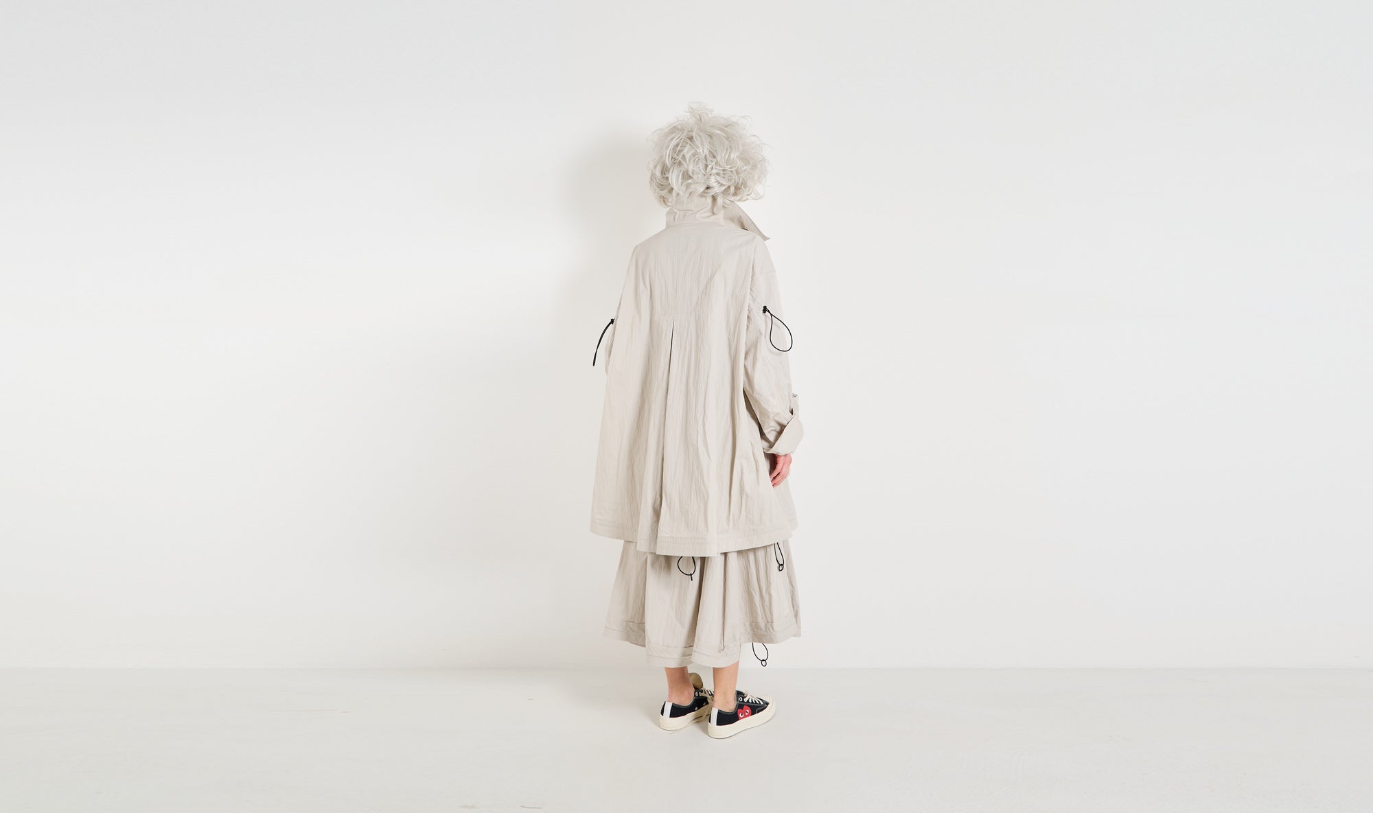 grey nylon overcoat skirt outfit