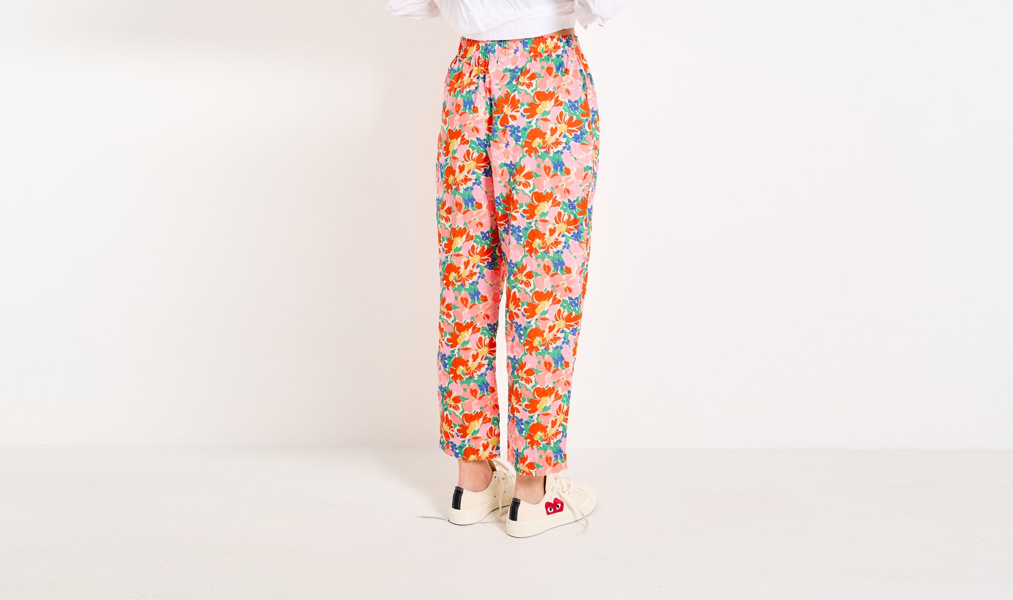 pink red big flowers cotton trousers