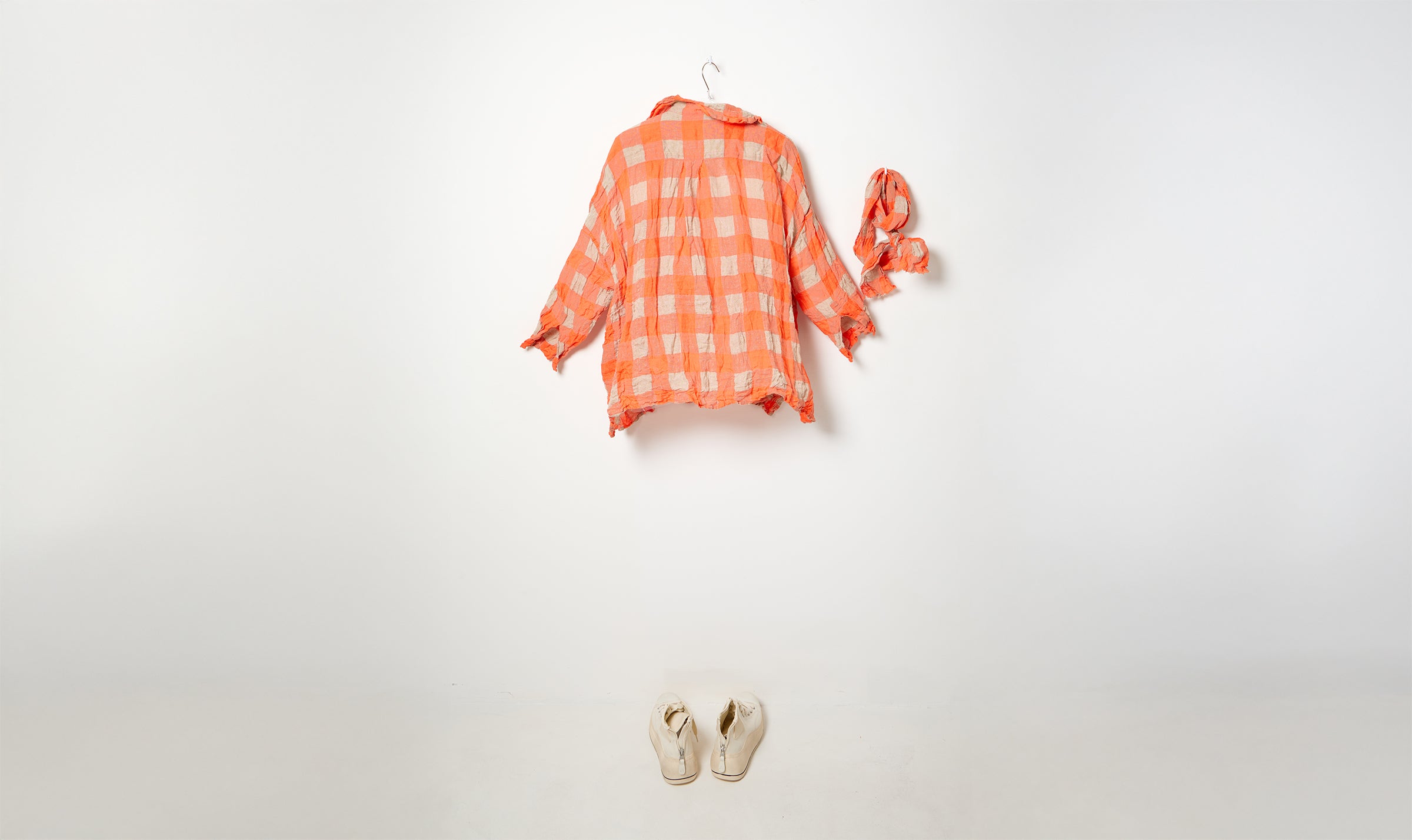 washed orange check wide linen shirt