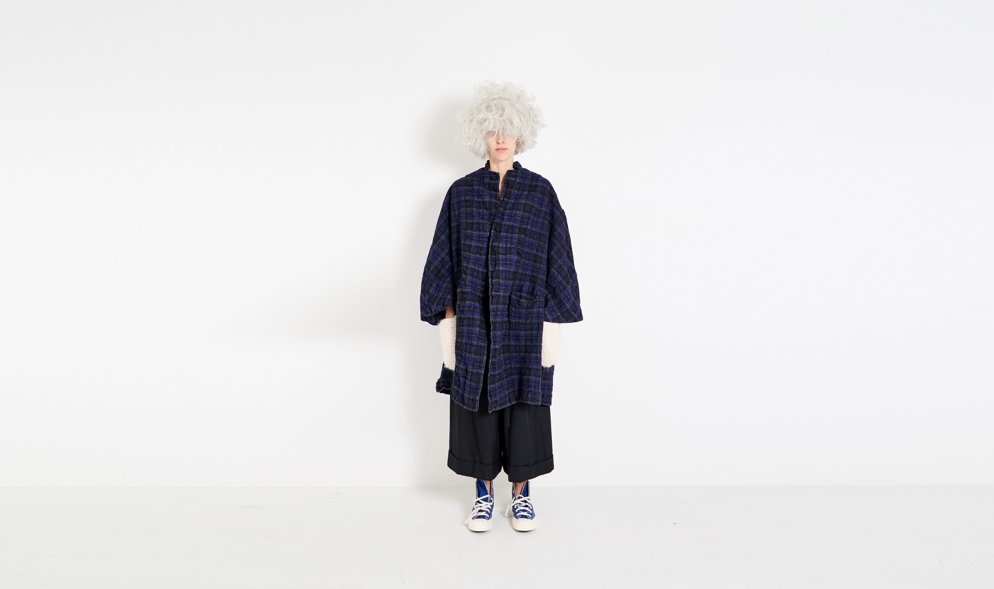 blue tartan wool coat