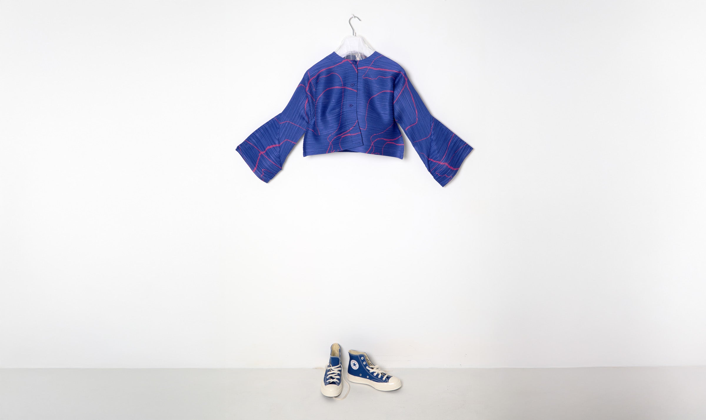 Blue Abstract Coral Print Pleated Cardigan