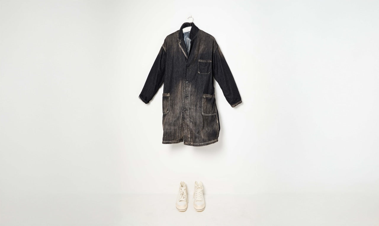 washed black cotton denim overcoat