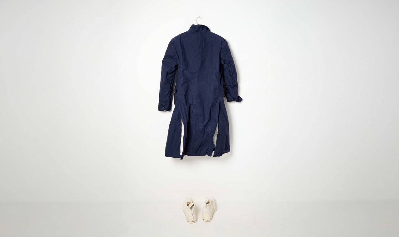 navy blue waxed cotton long jacket
