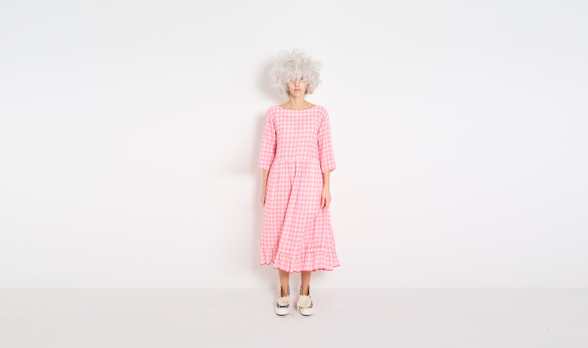 pink check wool dress