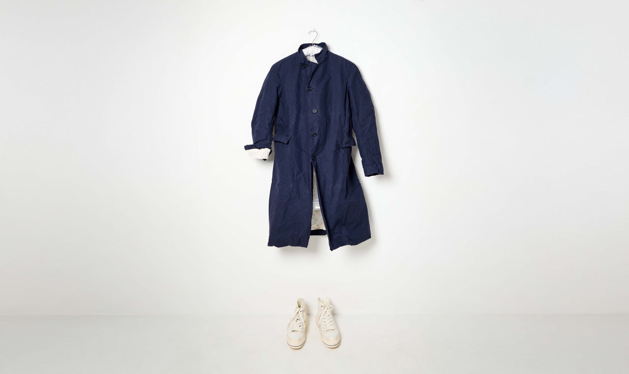 navy blue waxed cotton long jacket