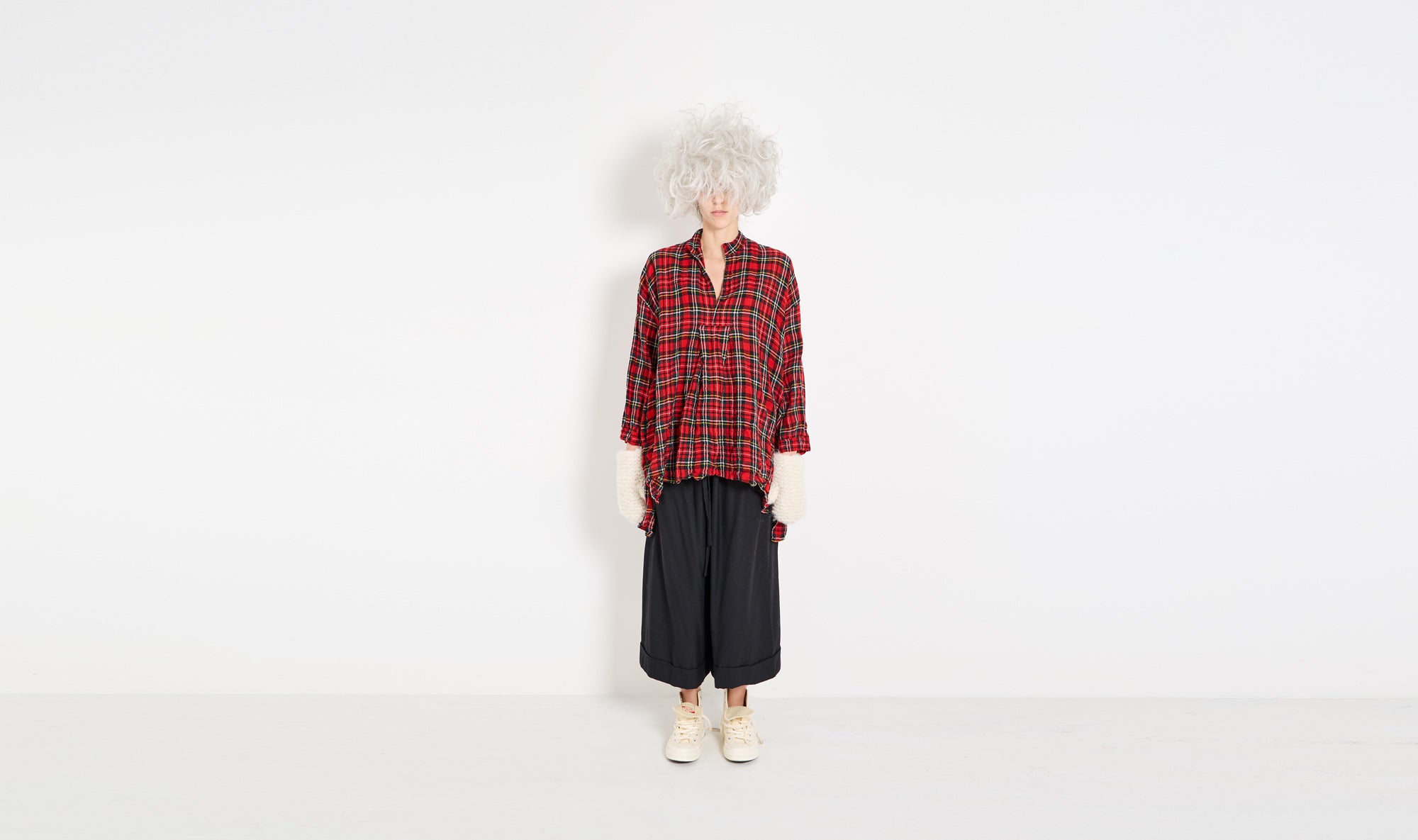 red tartan wool gauze tunic