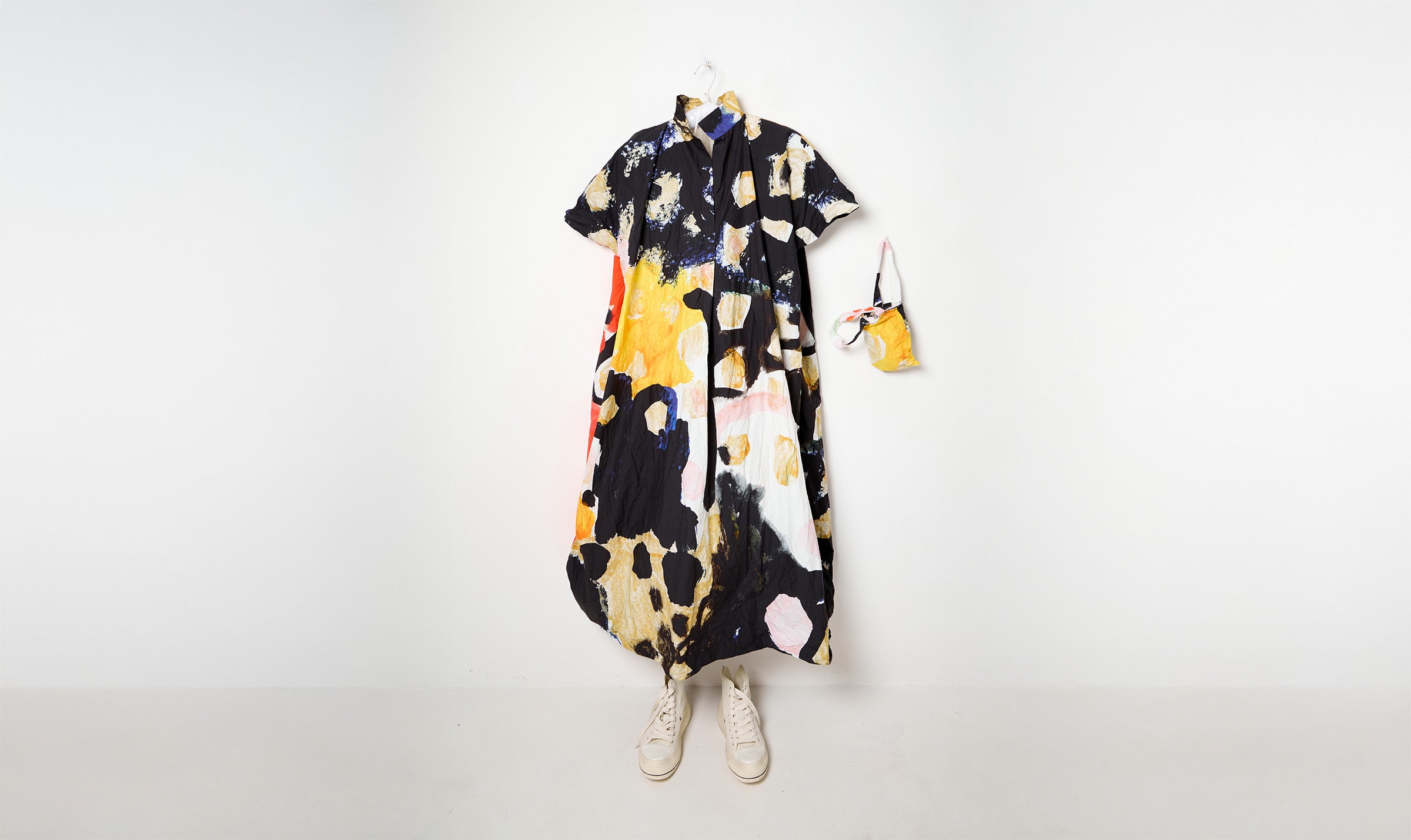 washed black abstract print flared cotton dress
