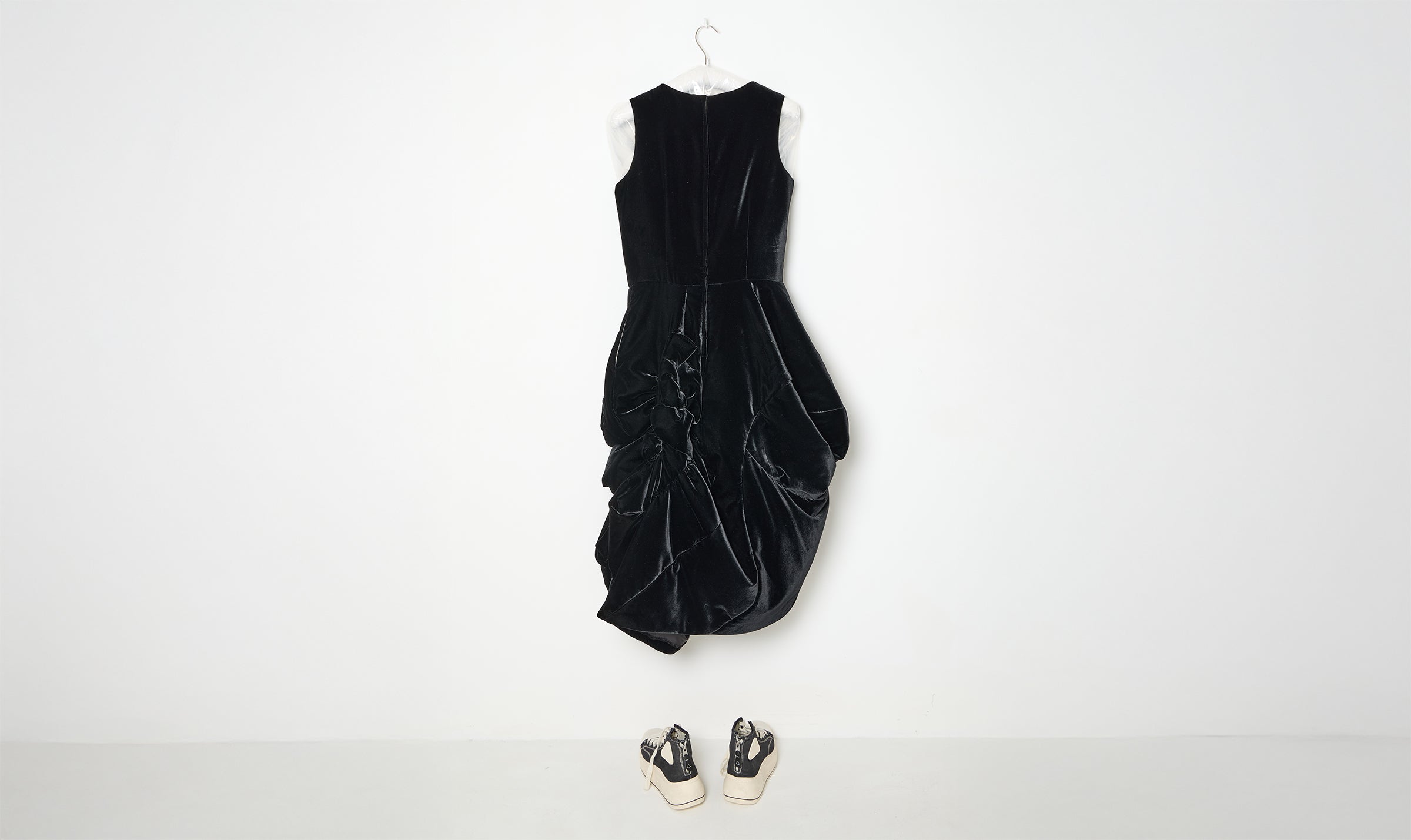 black cupro velvet draped dress