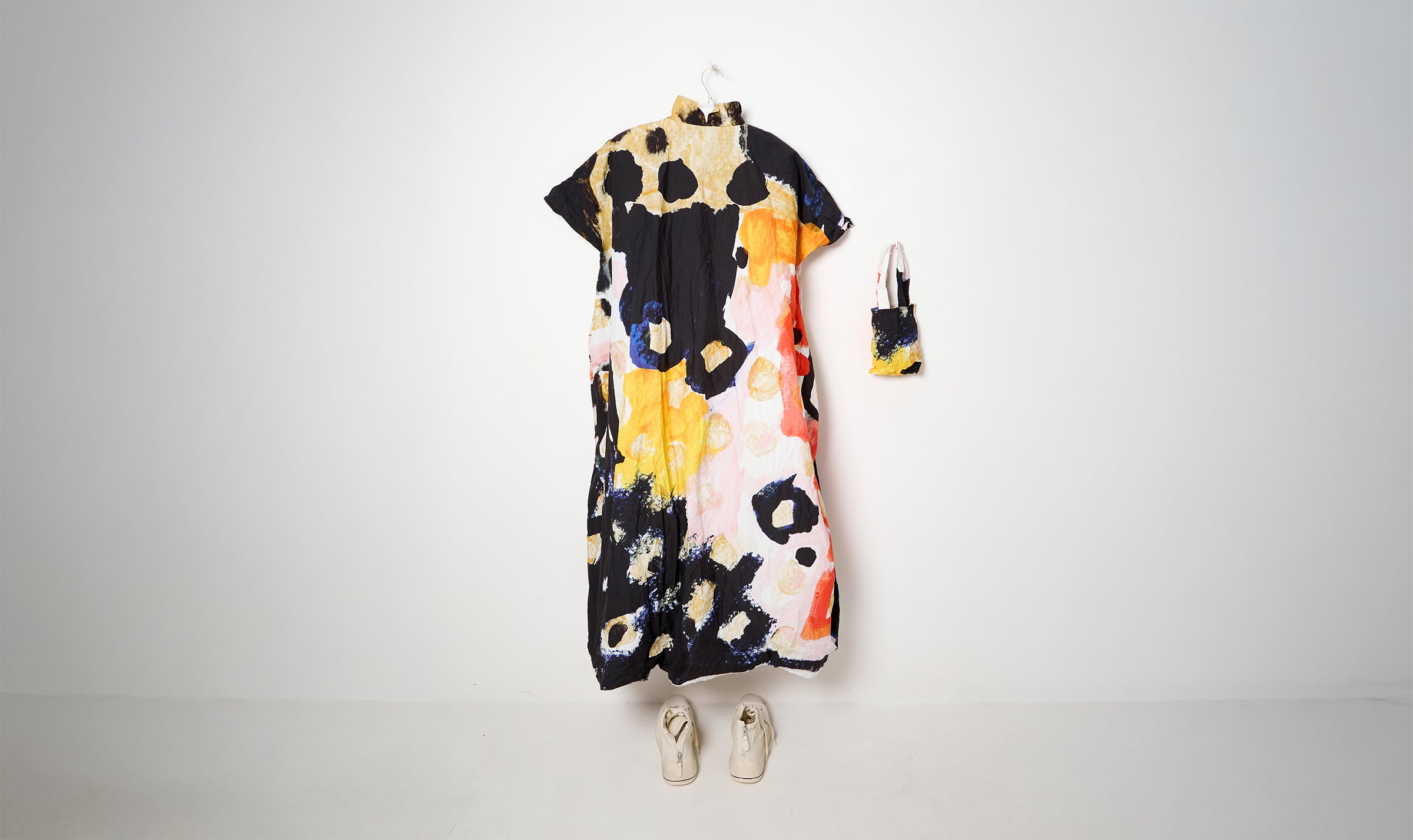 washed black abstract print flared cotton dress