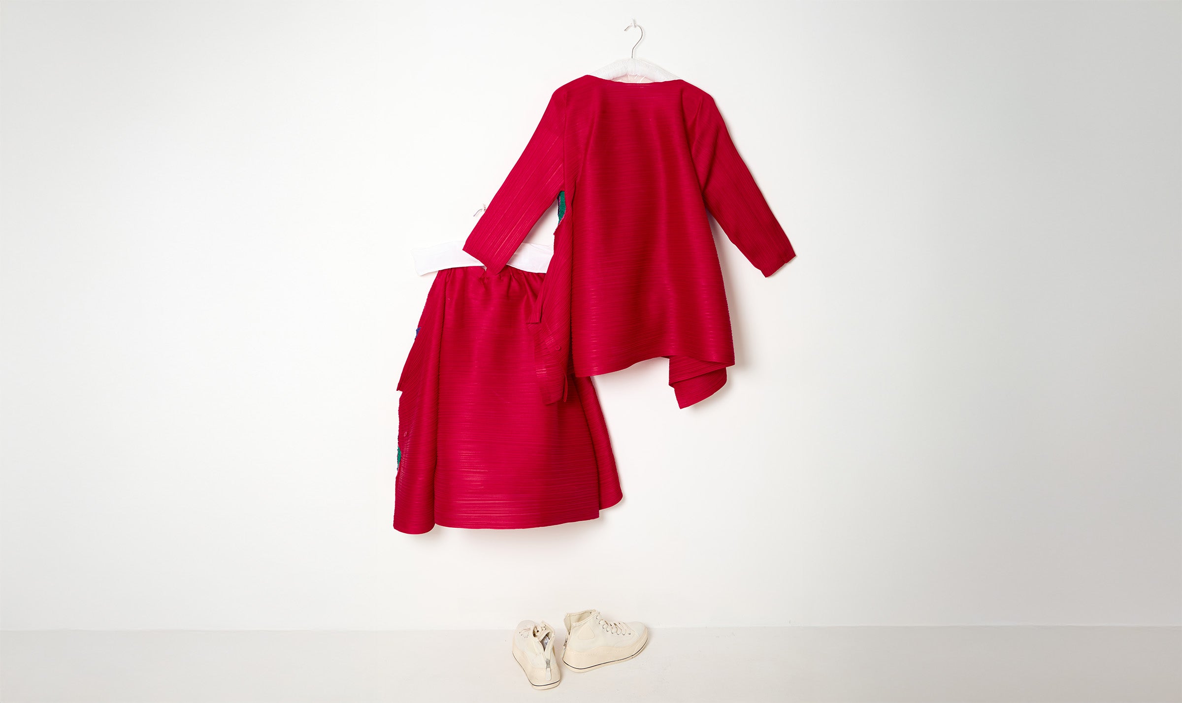 red embroidered pleated look