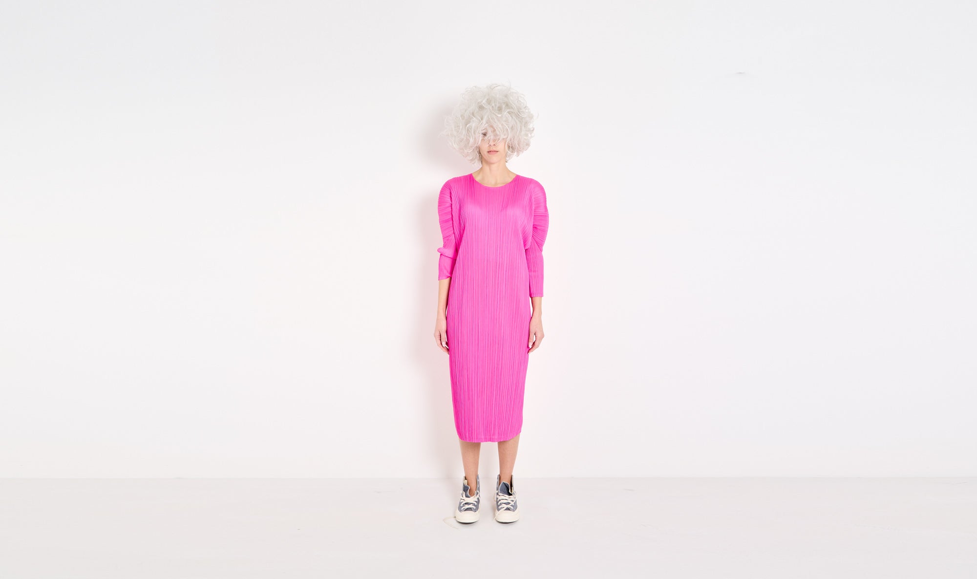 pink long sleeves polyester plissé dress