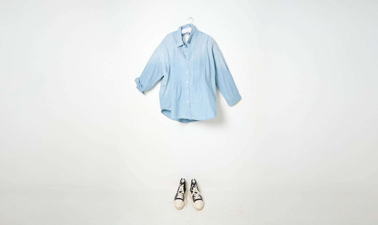 light blue pintuck dropneck shirt