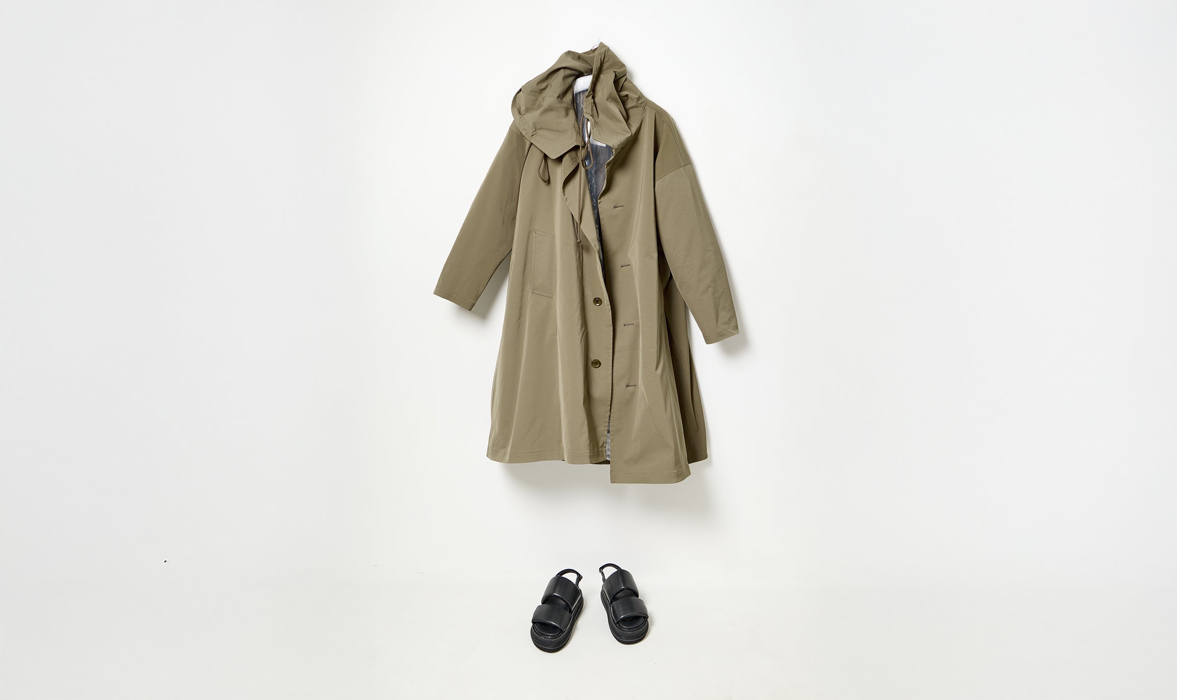 beige long technical hoodie coat