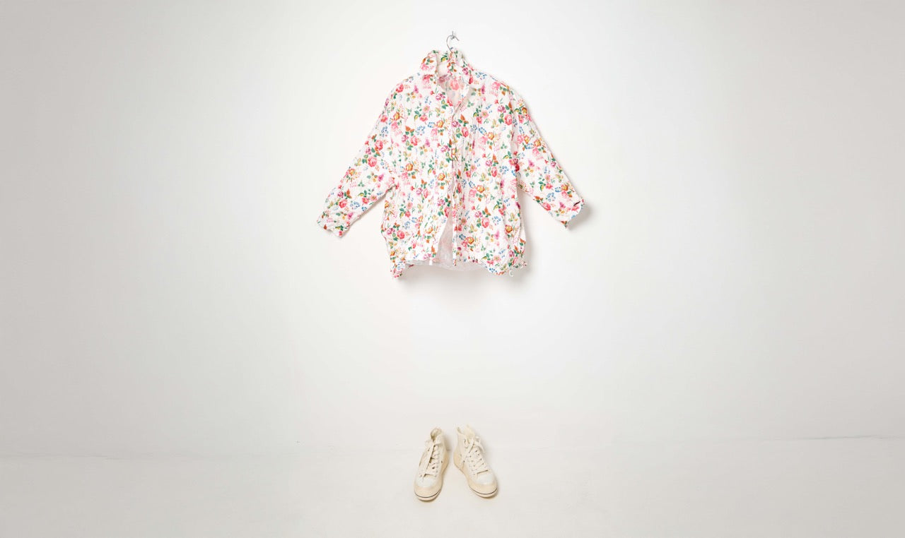 washed floral print white pink cotton shirt