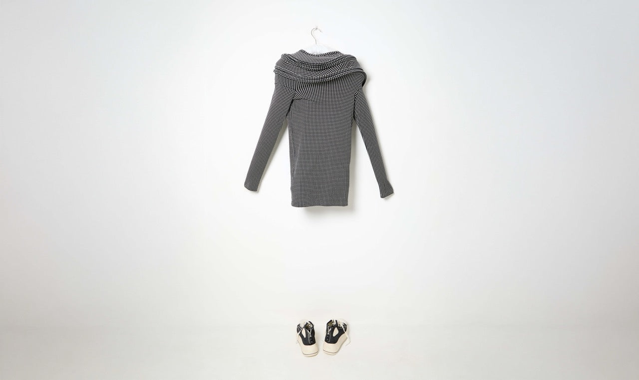 white pois on black draped t-shirt