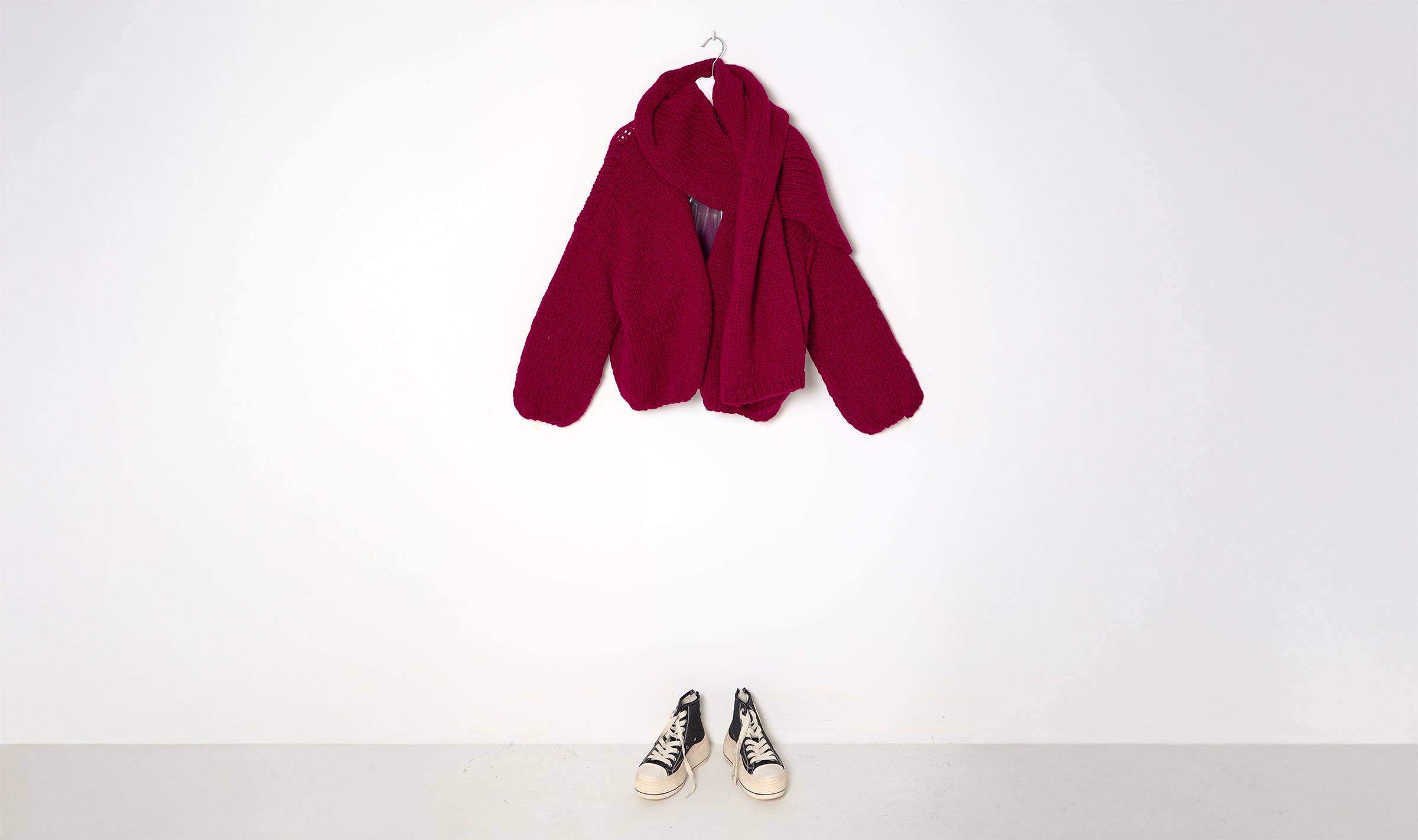 red wool cardigan and scarf combination