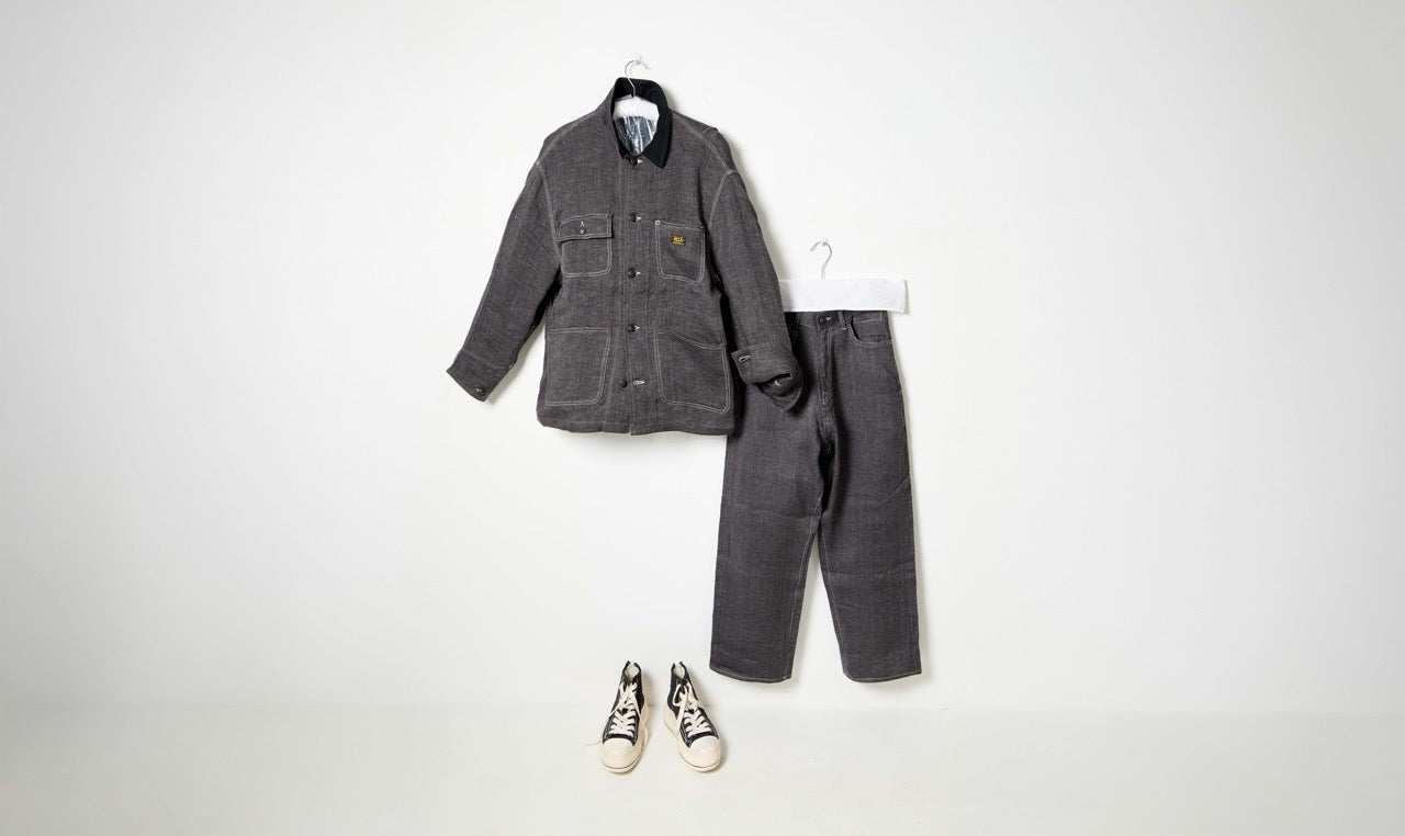 relaxed chore charcoal grey linen trousers and jacket look