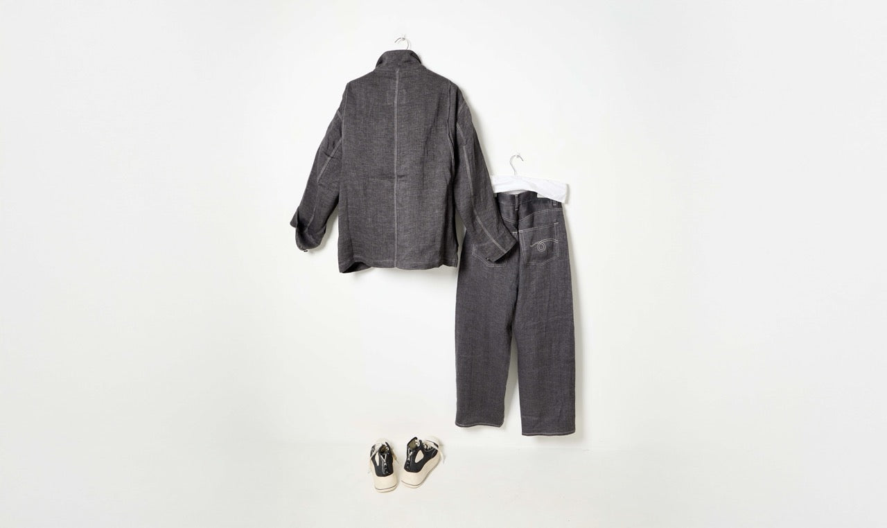 relaxed chore charcoal grey linen trousers and jacket look