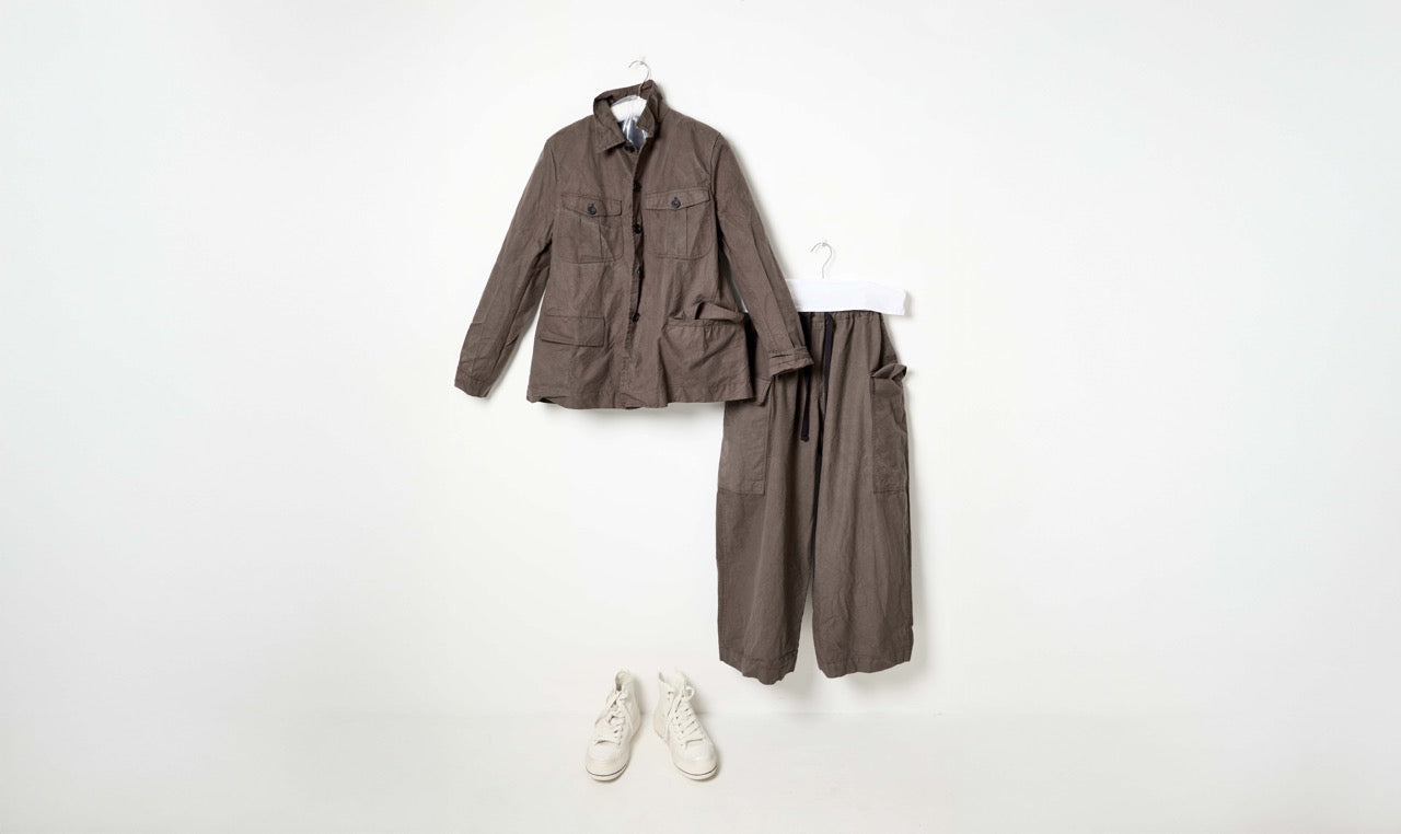 brown waxed cotton trousers and jacket look
