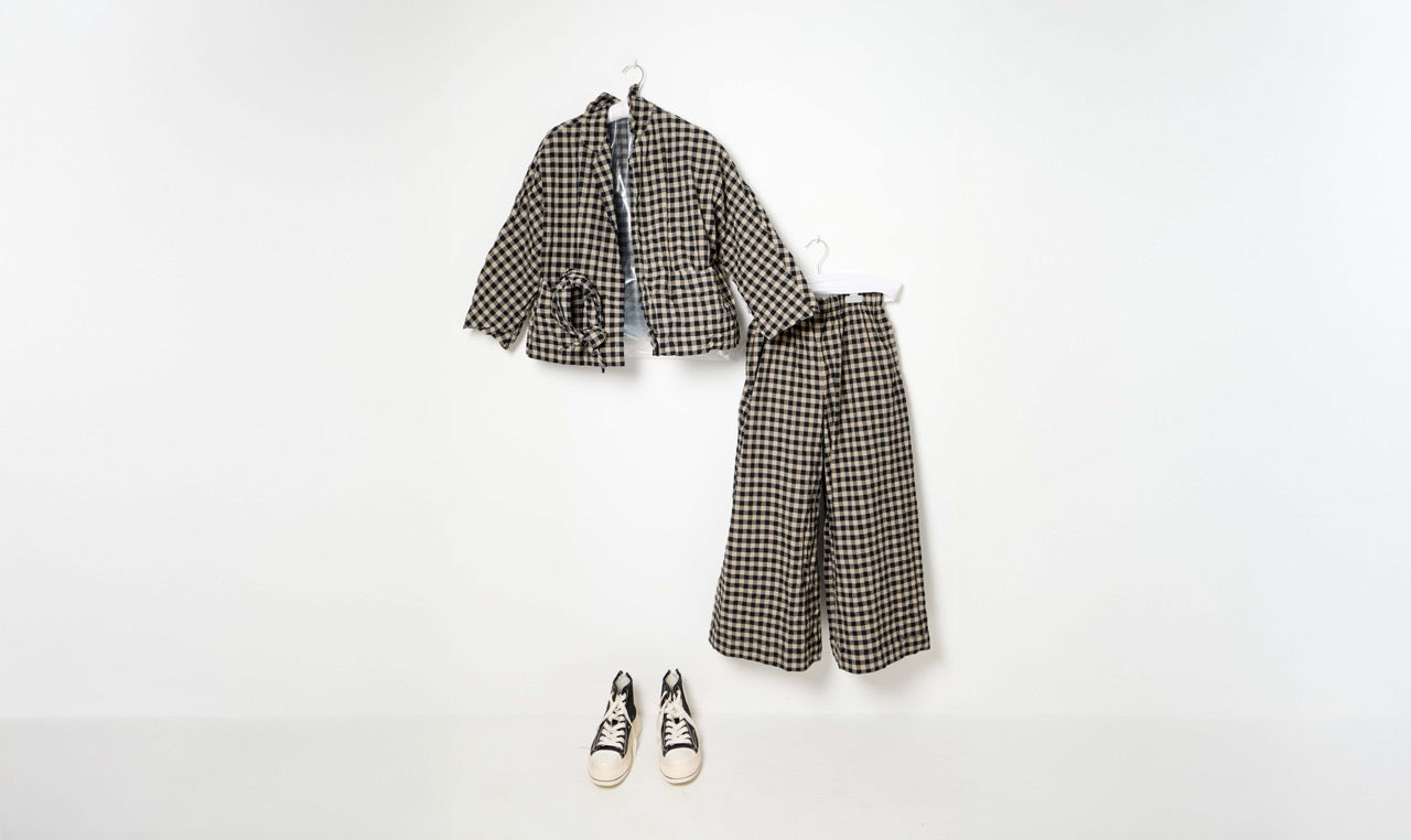 beige black checked cotton outfit