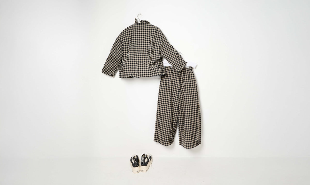 beige black checked cotton outfit