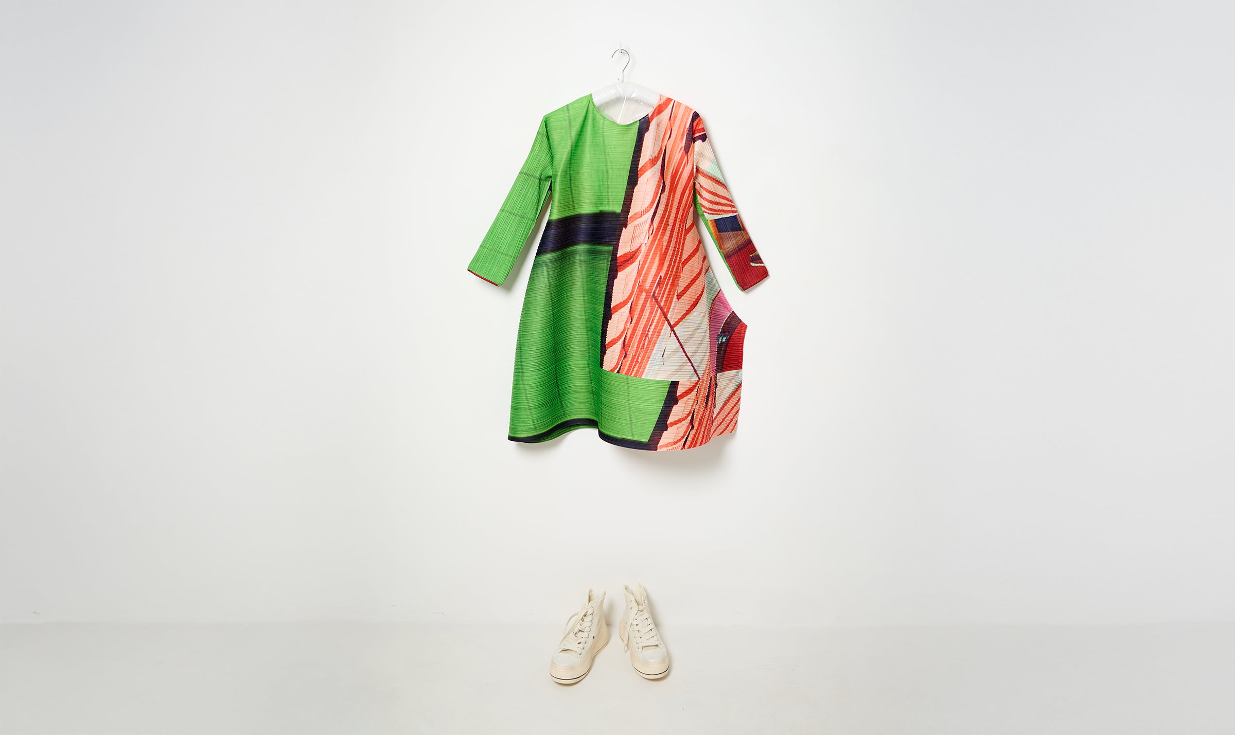 green/red print pleats please dress