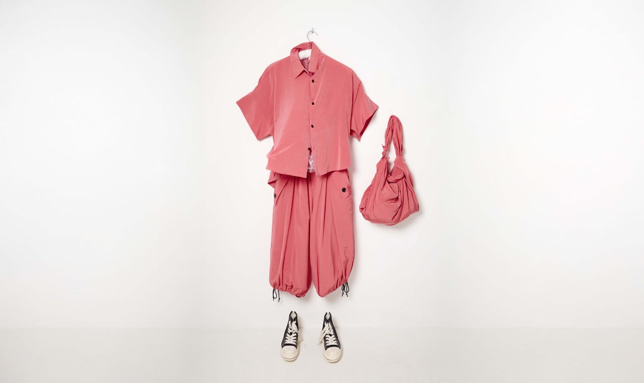 pink technical silky shirt and pants look