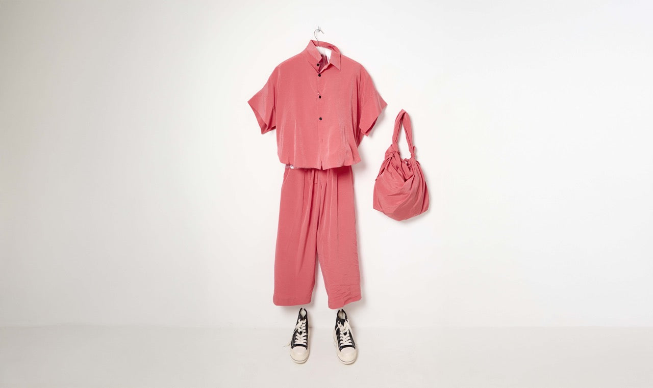 pink technical trousers and shirt look