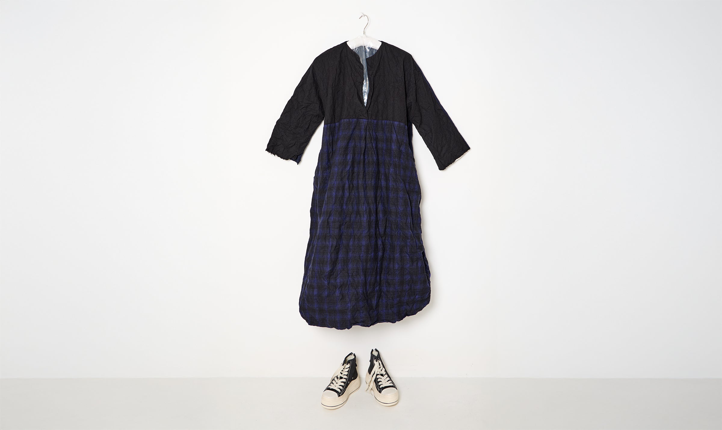 black blue wool tartan panel dress
