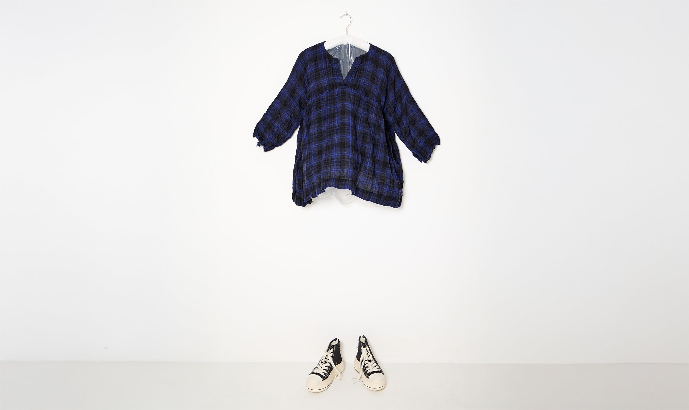 blue black tartan wool blouse