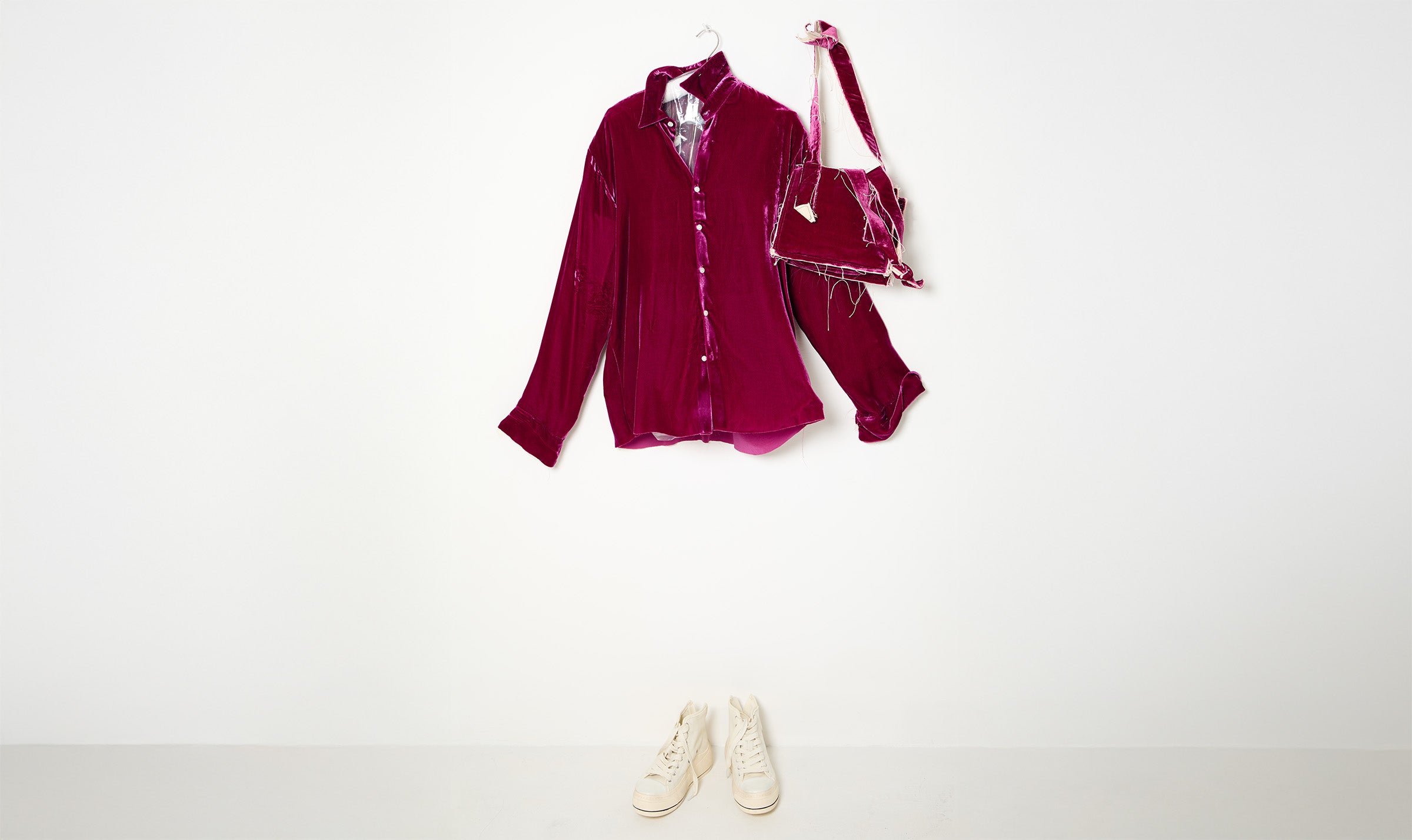 fuchsia velvet shirt and bag