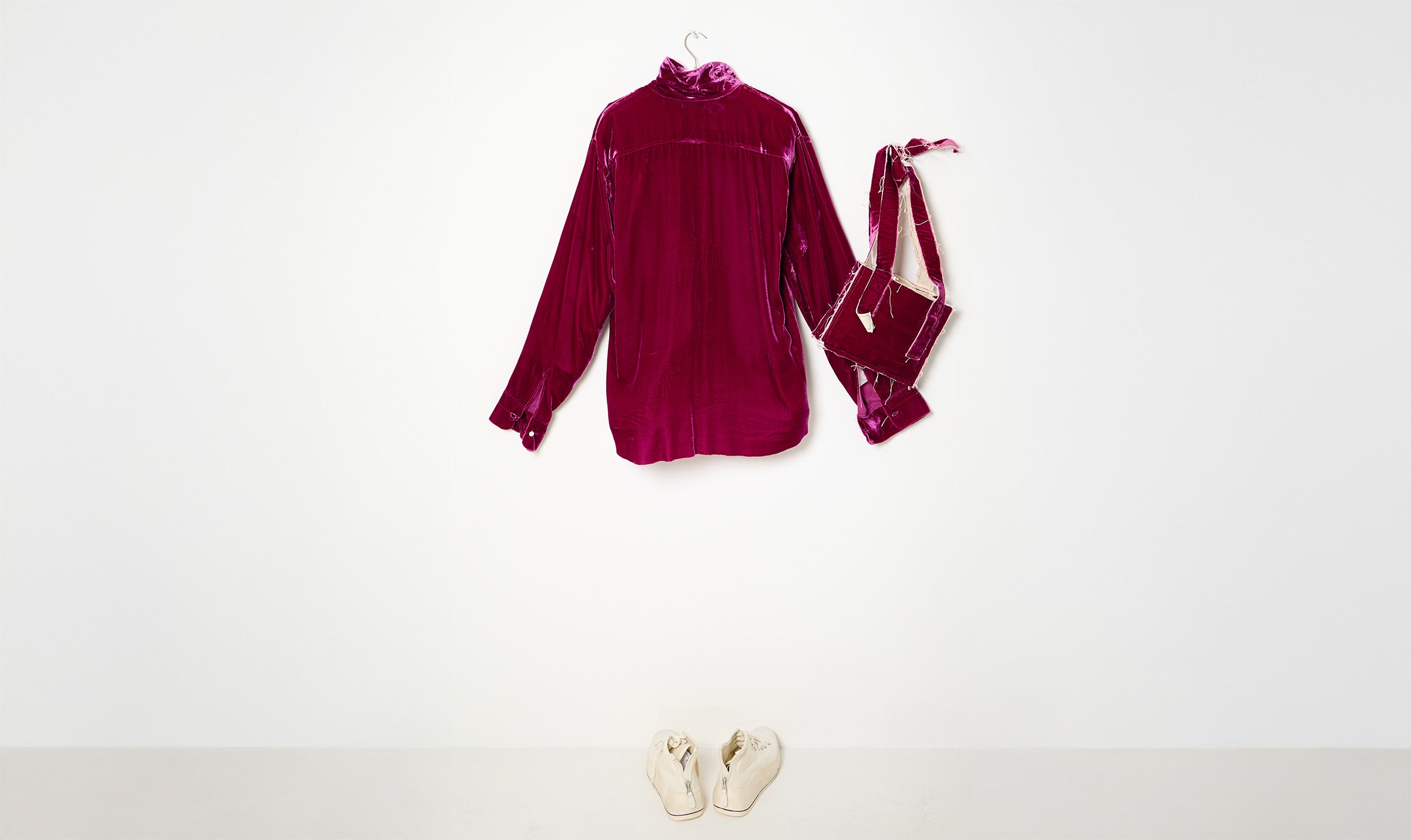 fuchsia velvet shirt and bag