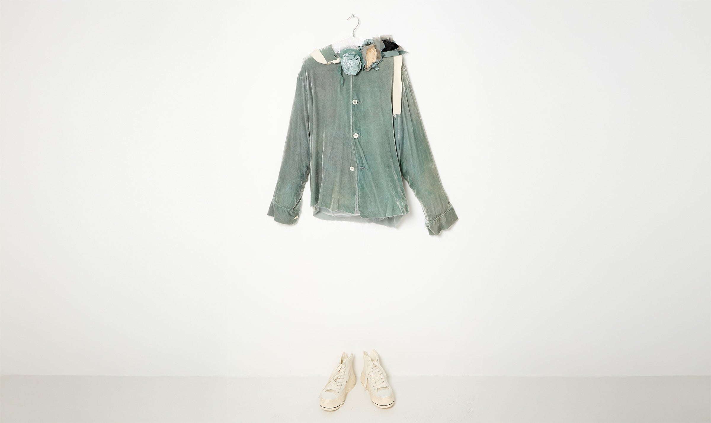 turquoise velvet shirt and brooch