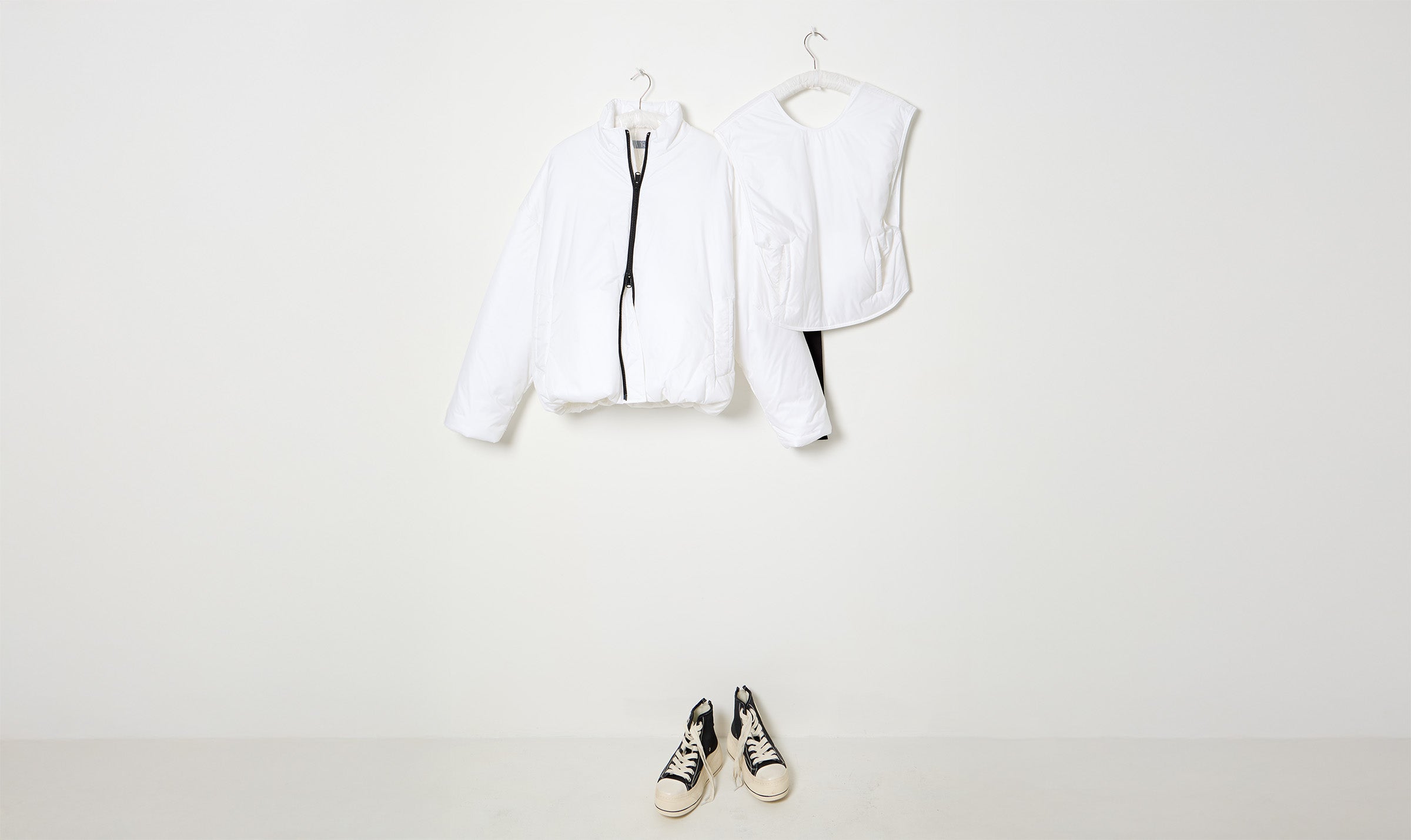 white soft padded nylon jacket and vest look