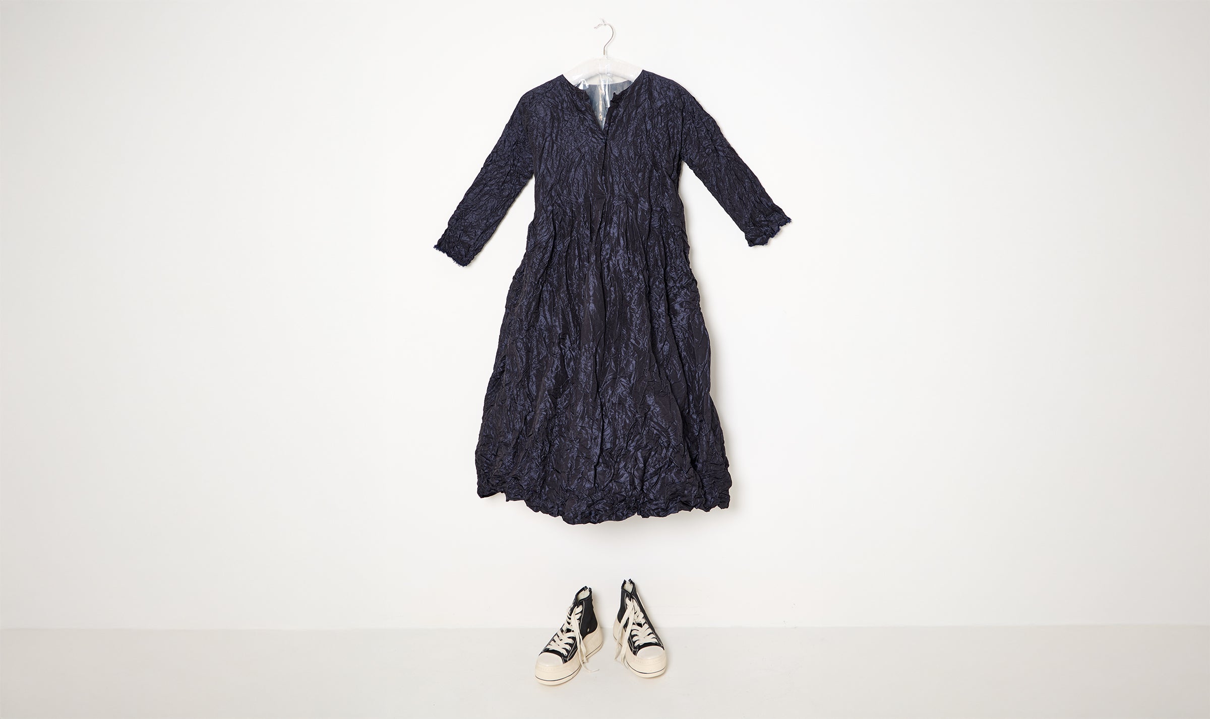 blue crinkled taffeta dress