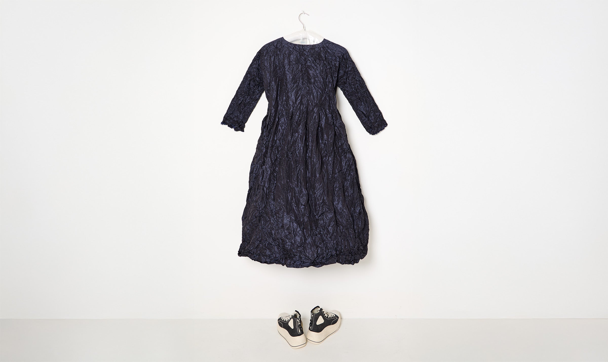 blue crinkled taffeta dress