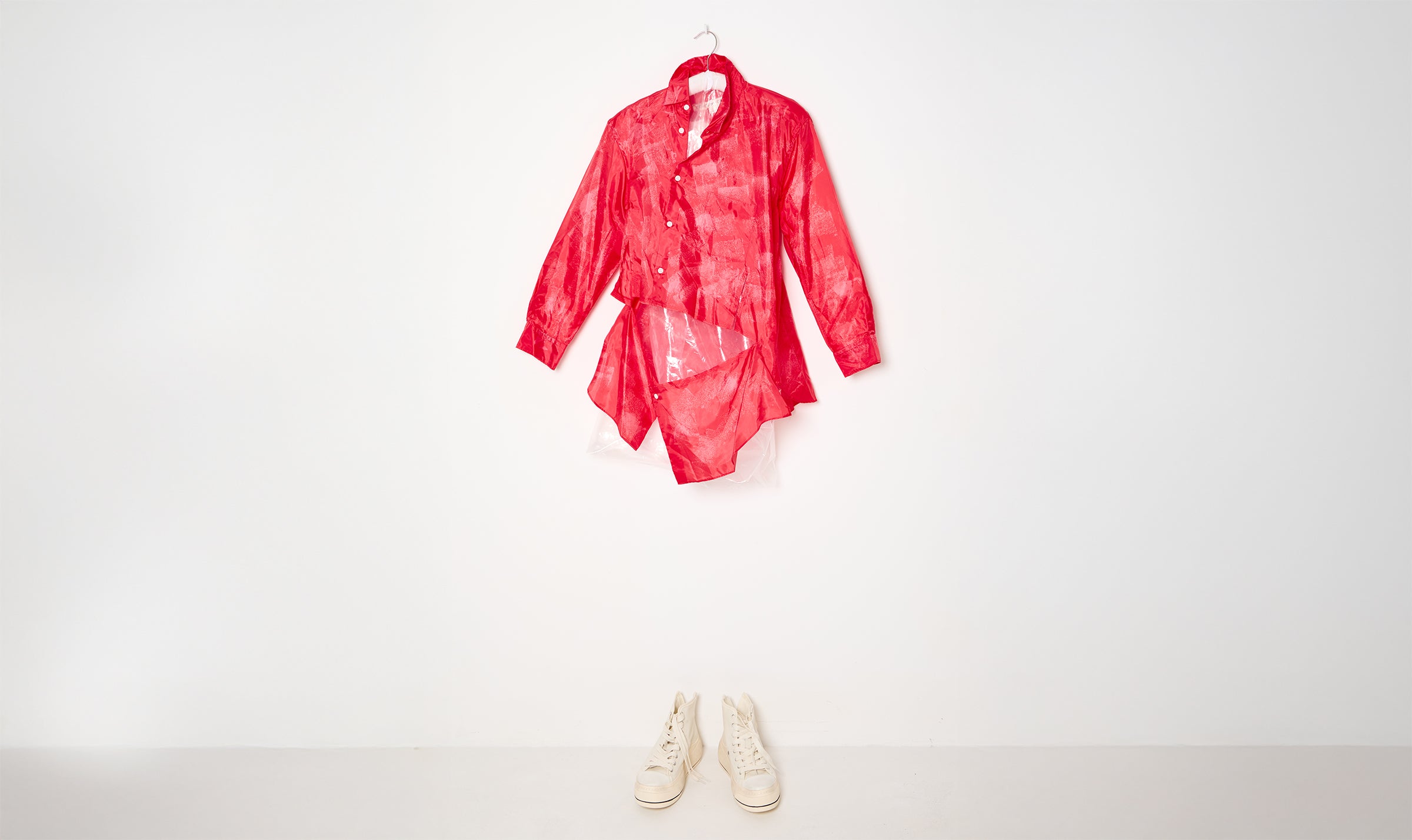 abstract print red poly shirt