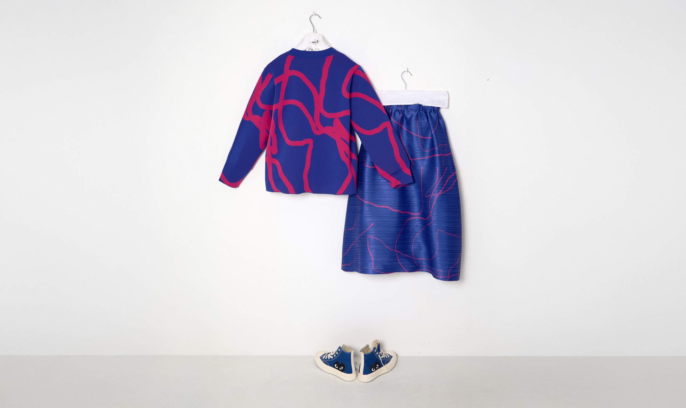 Bright Blue Coral Red Abstract Print Pullover and Skirt Look
