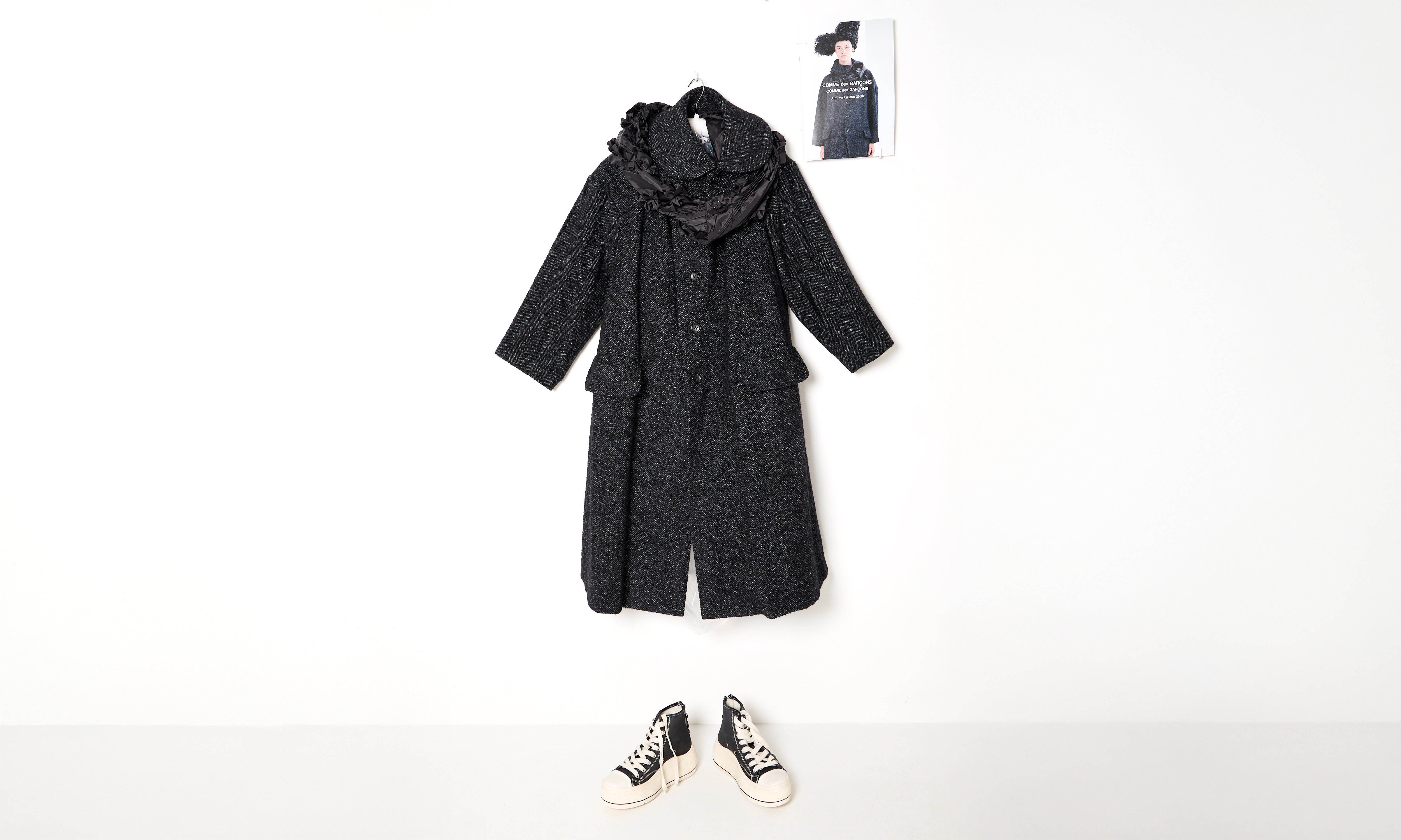 Draped Collar Wool Herringbone Coat