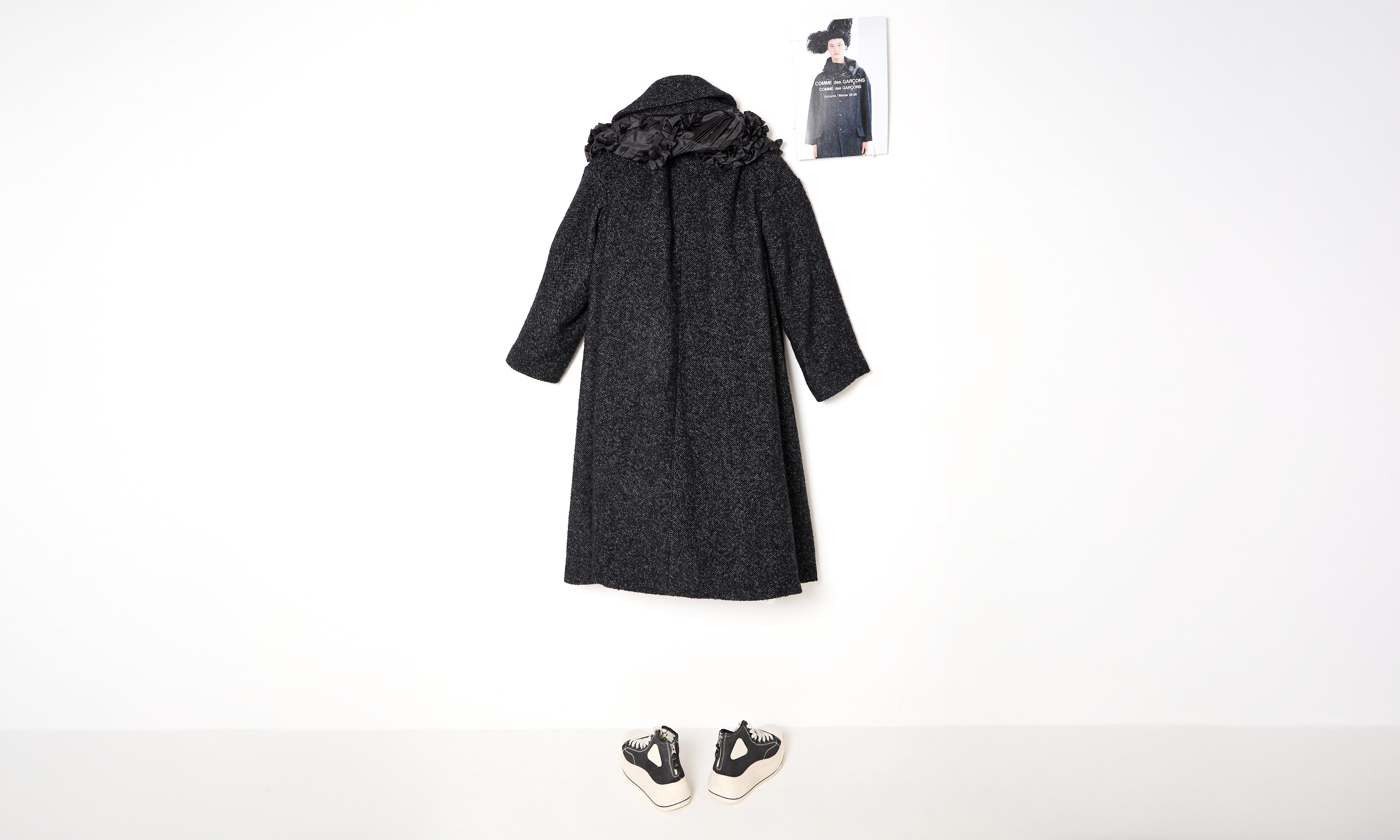 Draped Collar Wool Herringbone Coat