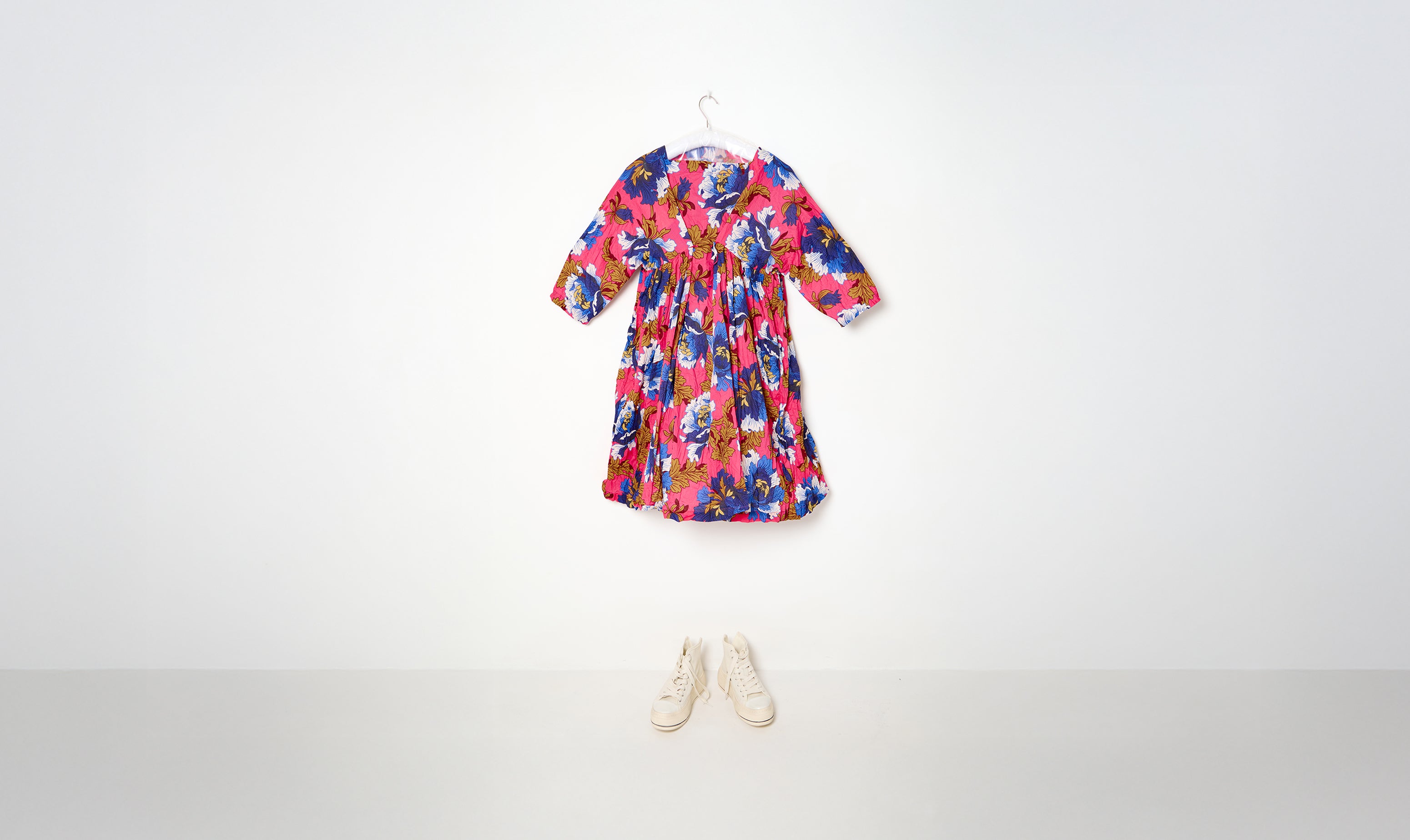 white/blue/pink floral print washed newpride cotton dress