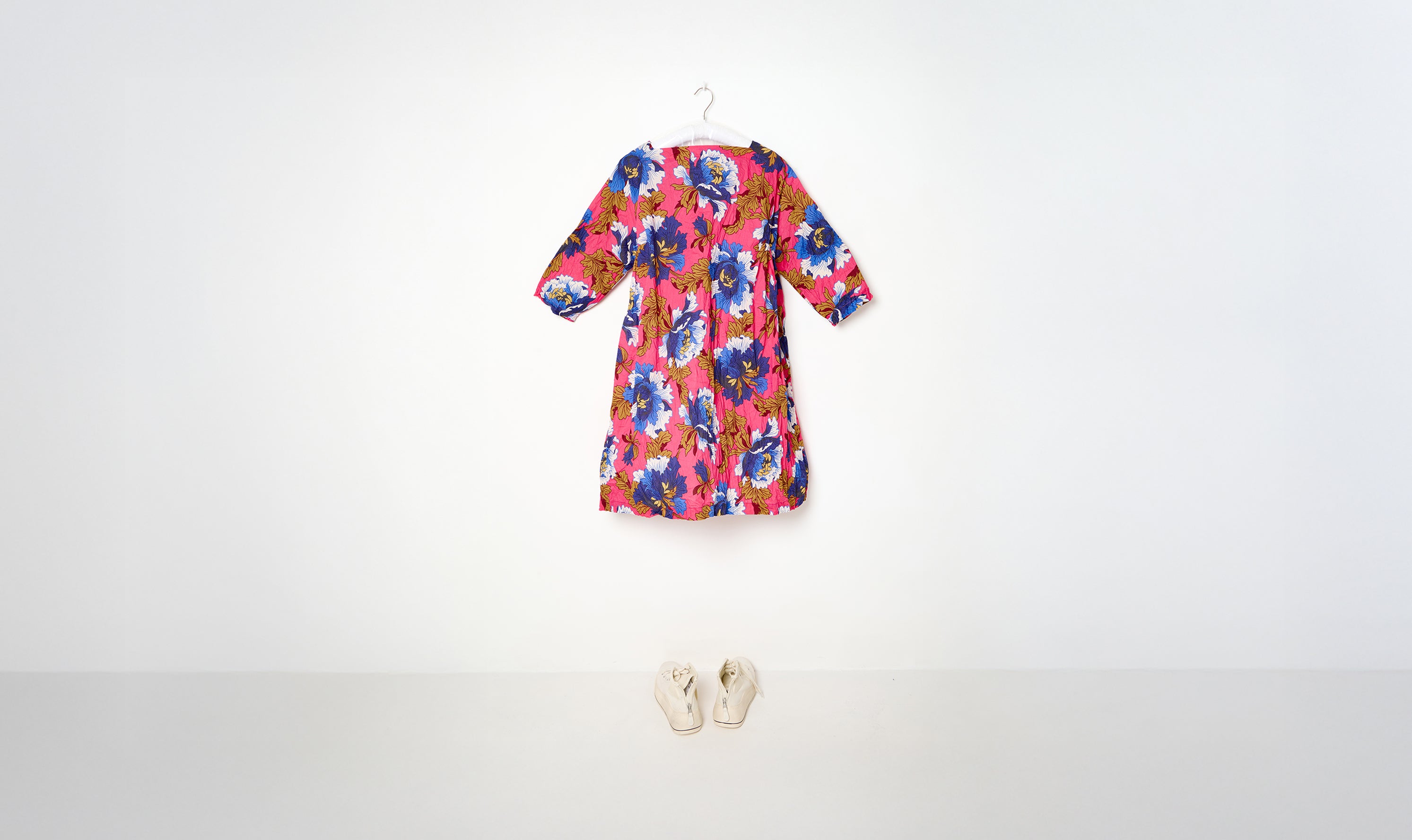 white/blue/pink floral print washed newpride cotton dress