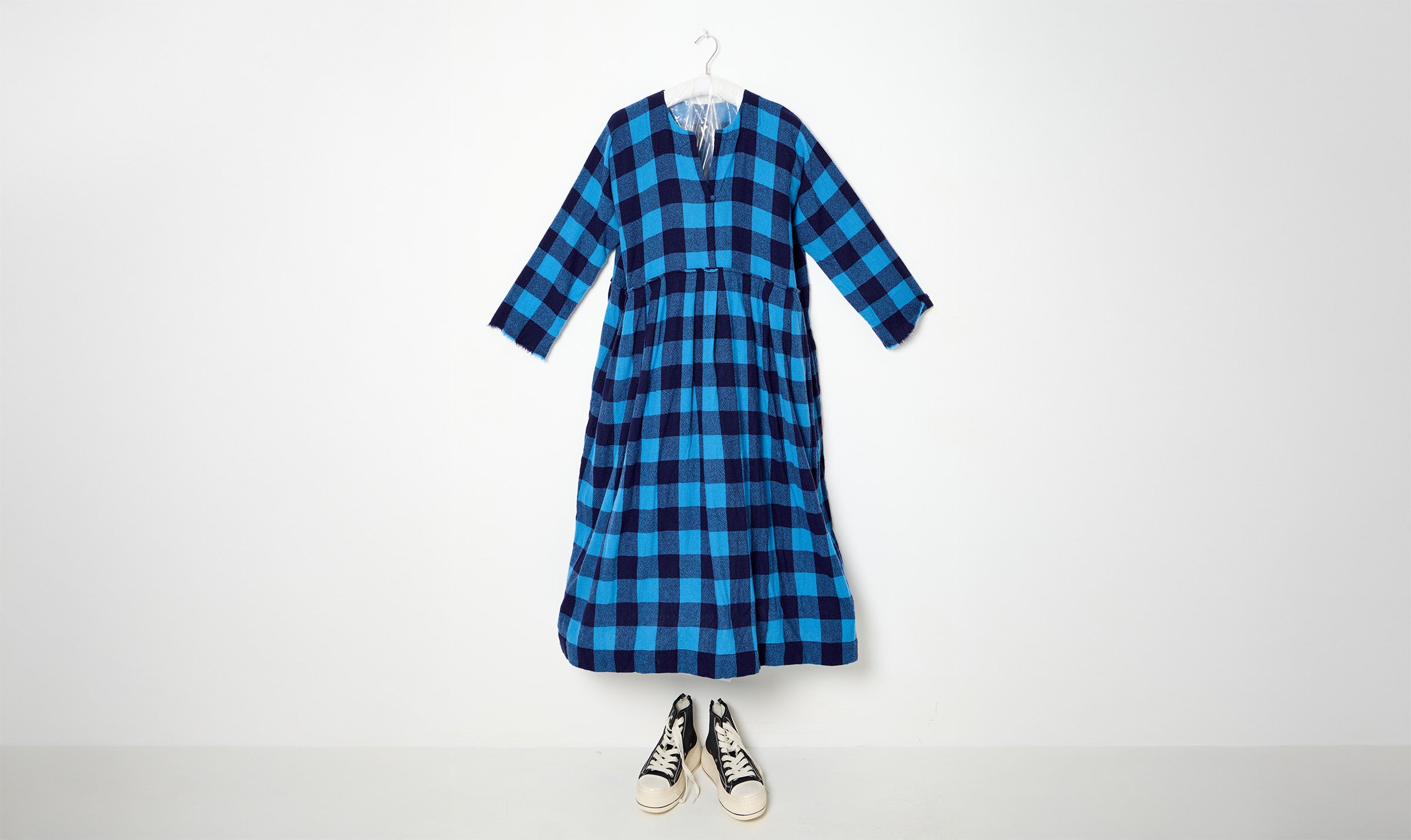 long blue tartan woolen dress