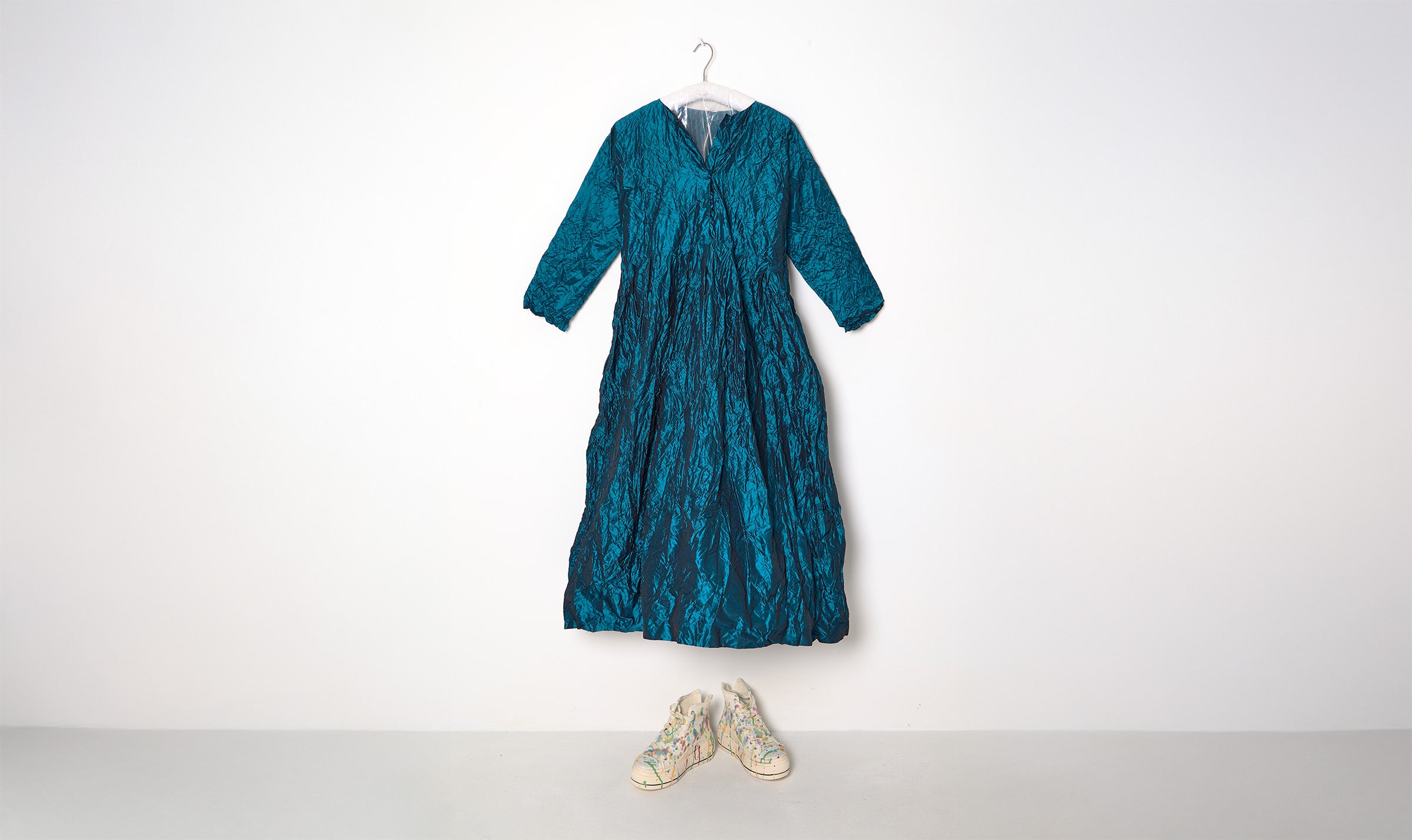 Shiny Petrol Blue Crinkled Silk Dress