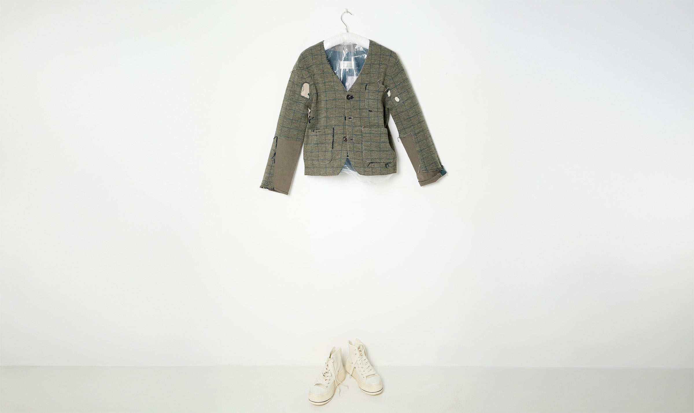green check wool patched cardigan
