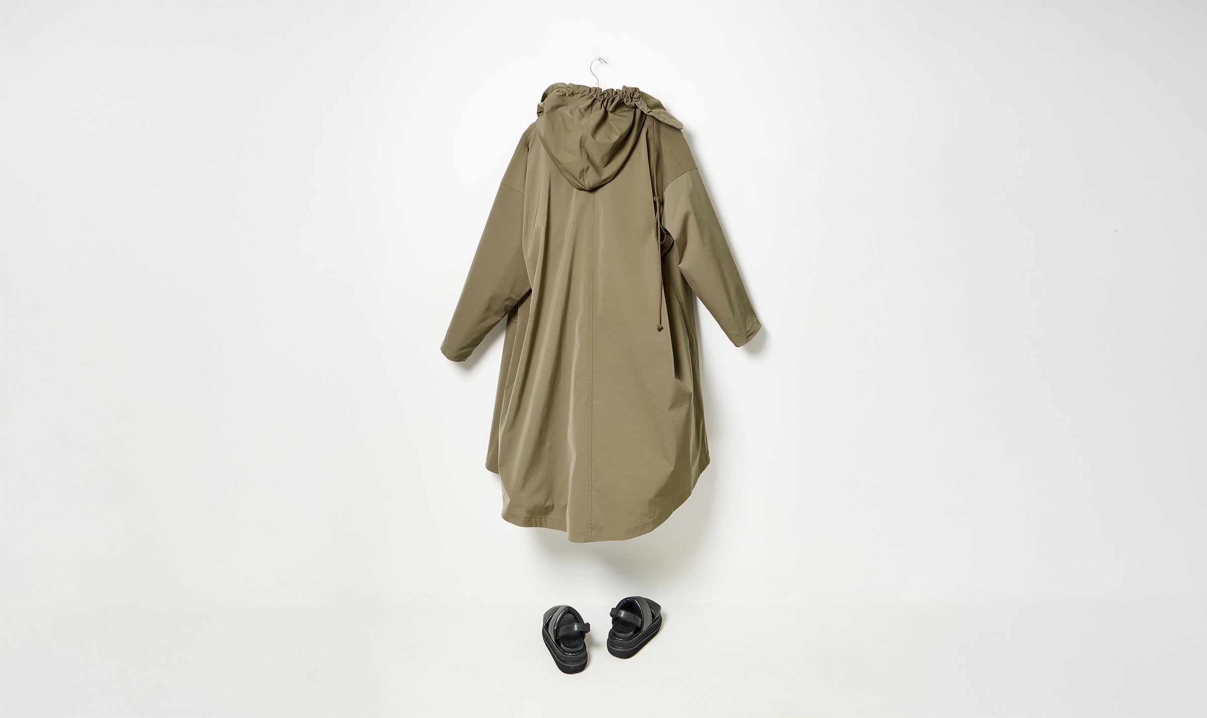 beige long technical hoodie coat